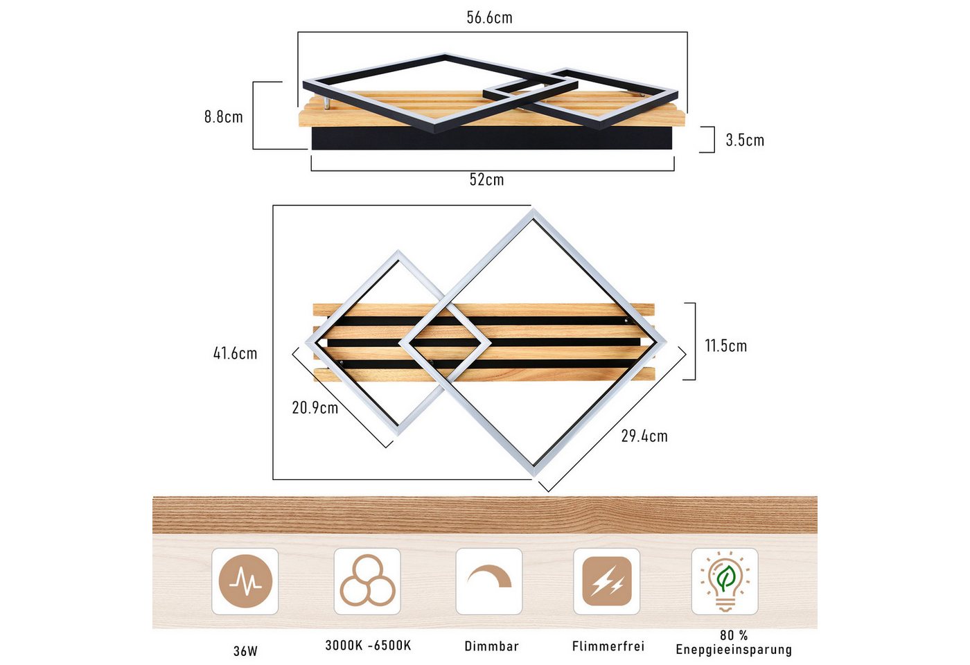 Nettlife LED Deckenleuchte Dimmbar Holz 2/3/4 Ringe Modern Deckenlampe Wohnzimmer, LED fest integriert, 36W 56.6*41.6*8.8CM für Schlafzimmer Büro Küche Bild 4