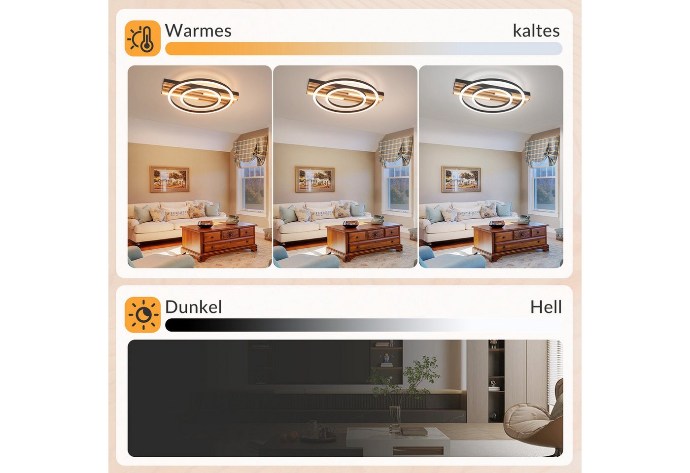 Nettlife LED Deckenleuchte Dimmbar Holz 2/3/4 Ringe Modern Deckenlampe Wohnzimmer, LED fest integriert, 34W 38*32*6.8CM für Schlafzimmer Büro Küche