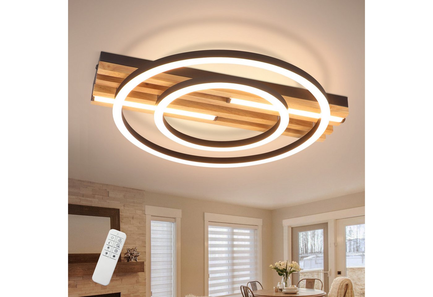 Nettlife LED Deckenleuchte Dimmbar Holz 2/3/4 Ringe Modern Deckenlampe Wohnzimmer, LED fest integriert, 34W 38*32*6.8CM für Schlafzimmer Büro Küche Bild 3