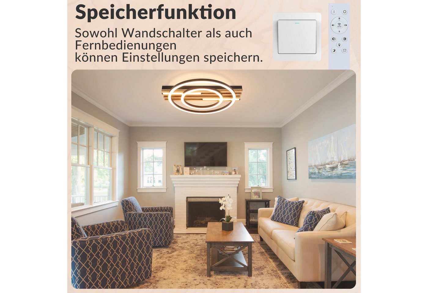 Nettlife LED Deckenleuchte Dimmbar Holz 2/3/4 Ringe Modern Deckenlampe Wohnzimmer, LED fest integriert, 34W 38*32*6.8CM für Schlafzimmer Büro Küche Bild 4