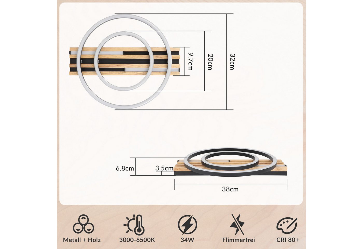 Nettlife LED Deckenleuchte Dimmbar Holz 2/3/4 Ringe Modern Deckenlampe Wohnzimmer, LED fest integriert, 34W 38*32*6.8CM für Schlafzimmer Büro Küche Bild 5