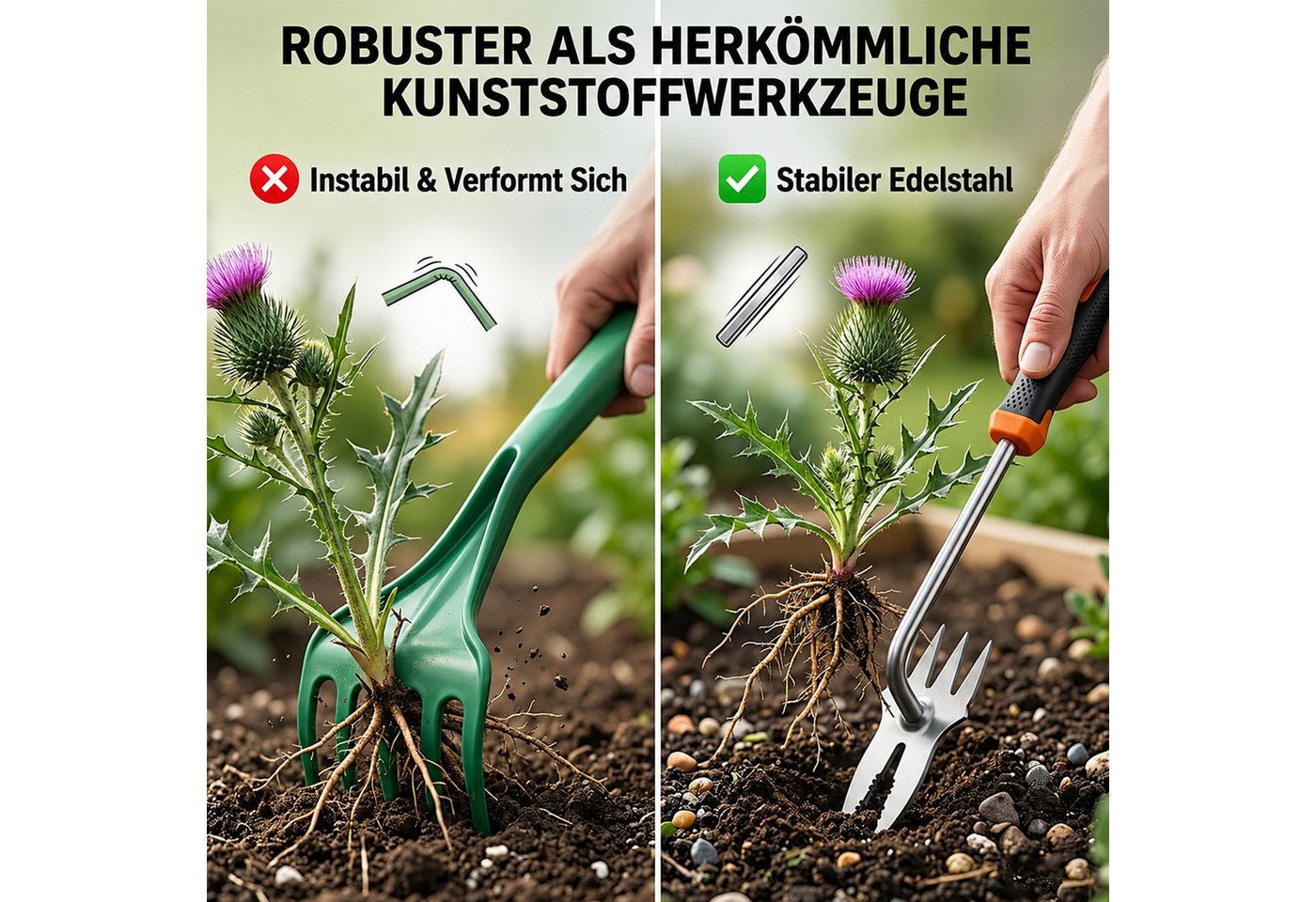 MOPUEA Unkrautstecher 2-in-1 Unkrautstecher Edelstahl mit Doppelkopf und Langgriff, (2-in-1 Unkrautstecher aus Edelstahl für Garten und Beet, Vierzack- und Zweizackspitze für flache und tiefe Wurzeln), 2-in-1 Kopf, Edelstahl, 37 cm lang, rutschfester Griff