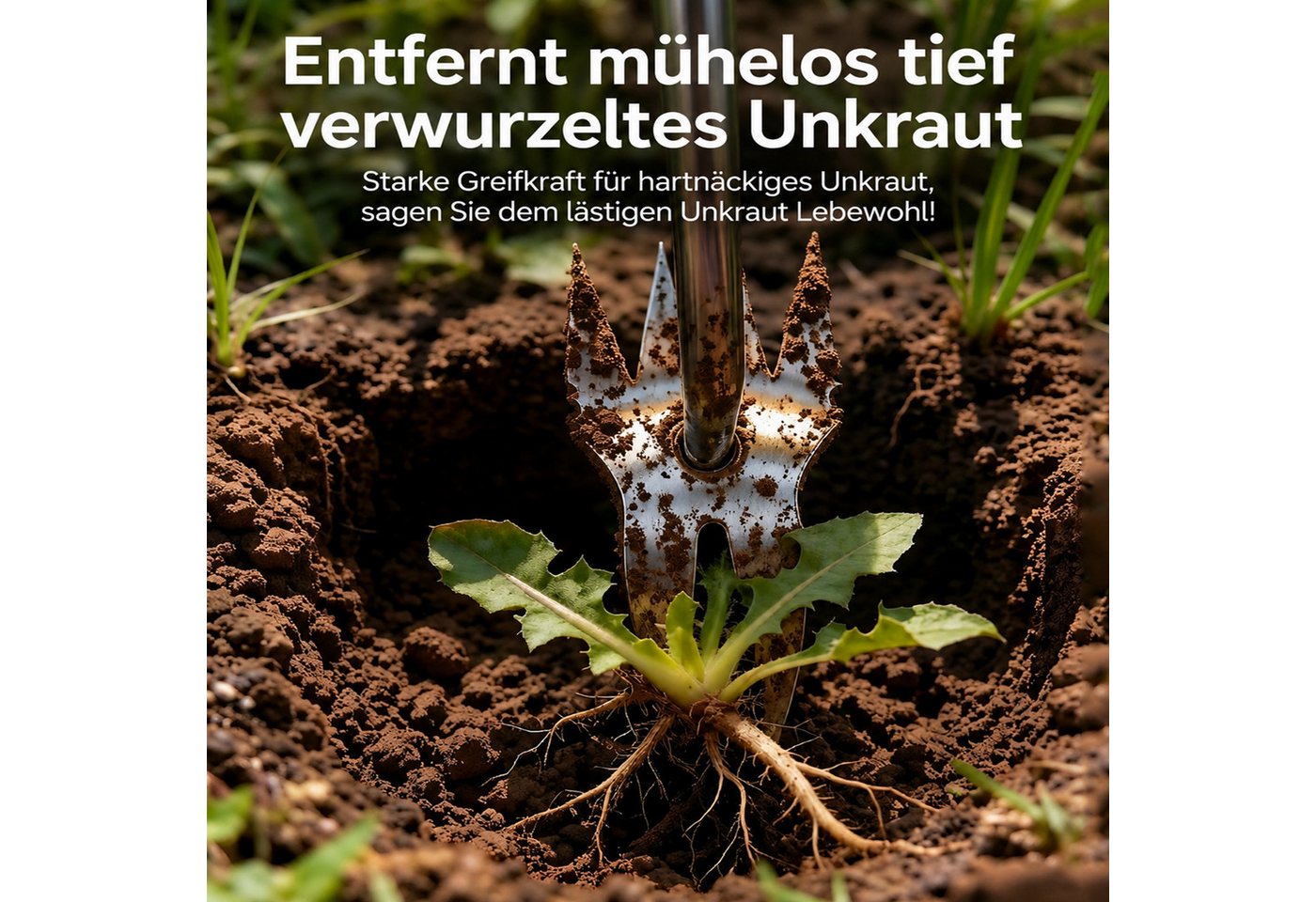 MOPUEA Unkrautstecher 2-in-1 Unkrautstecher Edelstahl mit Doppelkopf und Langgriff, (2-in-1 Unkrautstecher aus Edelstahl für Garten und Beet, Vierzack- und Zweizackspitze für flache und tiefe Wurzeln), 2-in-1 Kopf, Edelstahl, 37 cm lang, rutschfester Griff Bild 2