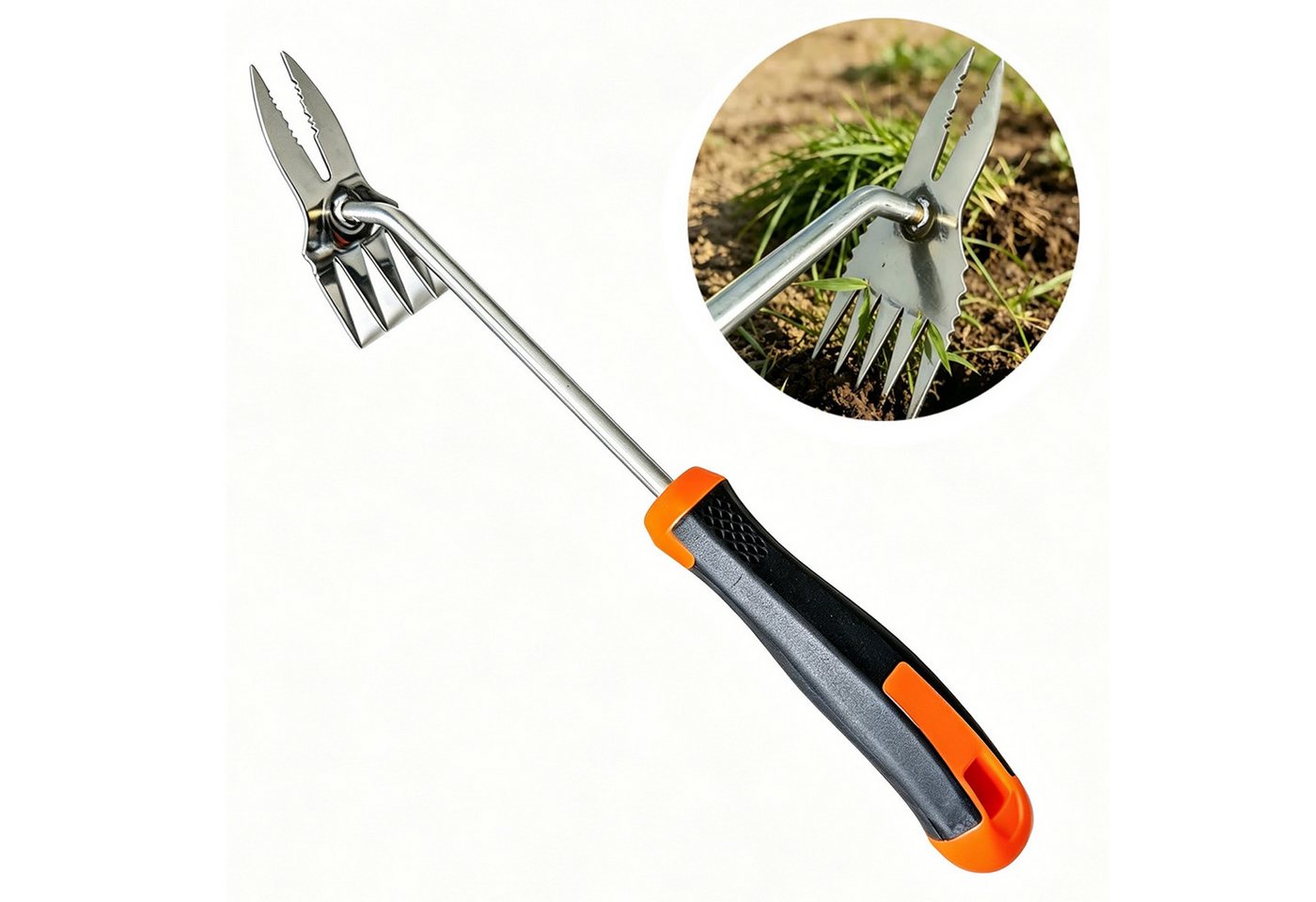 MOPUEA Unkrautstecher 2-in-1 Unkrautstecher Edelstahl mit Doppelkopf und Langgriff, (2-in-1 Unkrautstecher aus Edelstahl für Garten und Beet, Vierzack- und Zweizackspitze für flache und tiefe Wurzeln), 2-in-1 Kopf, Edelstahl, 37 cm lang, rutschfester Griff Bild 4