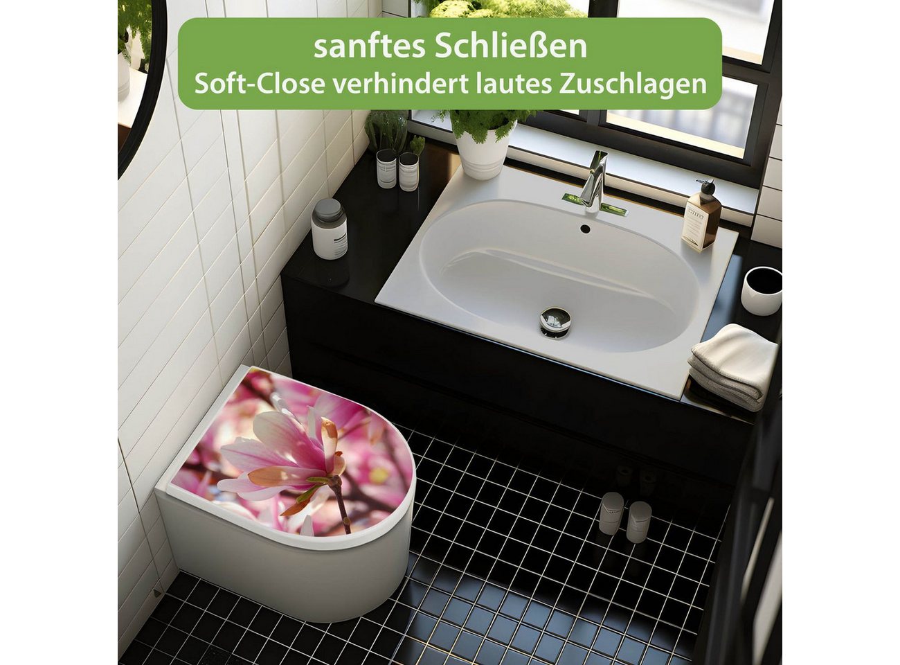 banjado WC-Sitz Premium D-Form mit Absenkautomatik Motiv Magnolia (umweltfreundliches Material, Softclose Absenkautomatik), 45 x 36,4 x 4