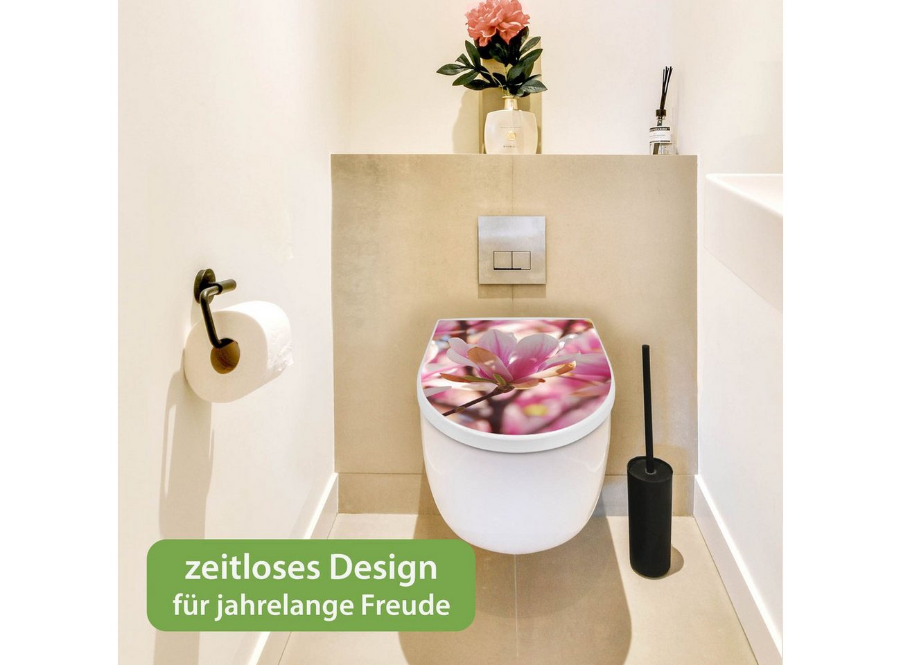 banjado WC-Sitz Premium D-Form mit Absenkautomatik Motiv Magnolia (umweltfreundliches Material, Softclose Absenkautomatik), 45 x 36,4 x 4 Bild 2