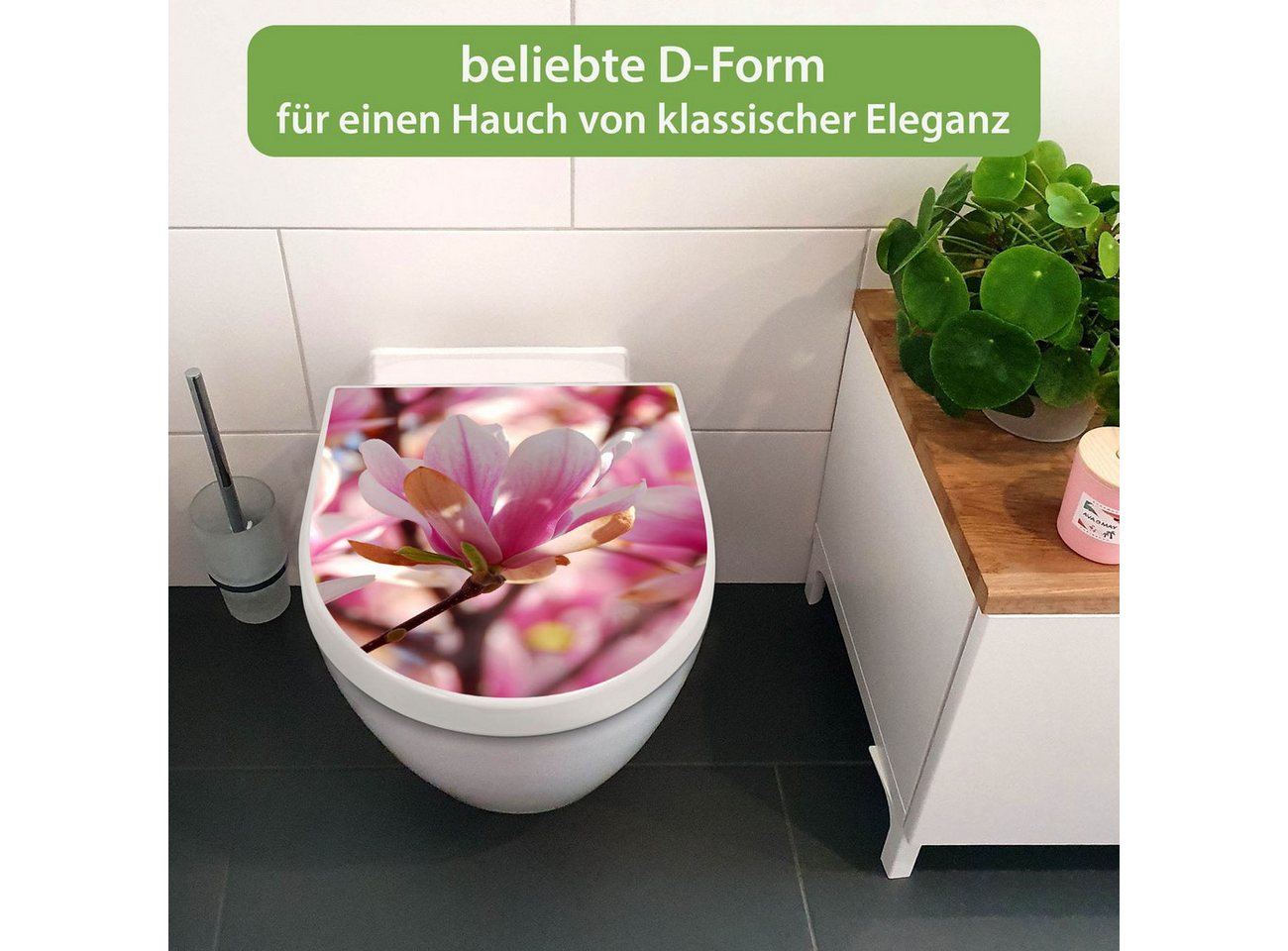 banjado WC-Sitz Premium D-Form mit Absenkautomatik Motiv Magnolia (umweltfreundliches Material, Softclose Absenkautomatik), 45 x 36,4 x 4 Bild 3