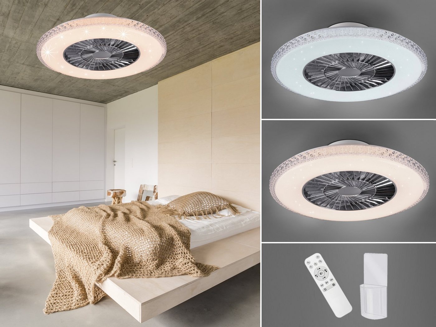 Reality Leuchten LED Deckenleuchte, Dimmfunktion, Nachtlichtfunktion, LED fest integriert, Lichtfarbe einstellbar, Decken-ventilator-en mit Licht, Deckenlüfter Sternenhimmel, Ø60cm Bild 4