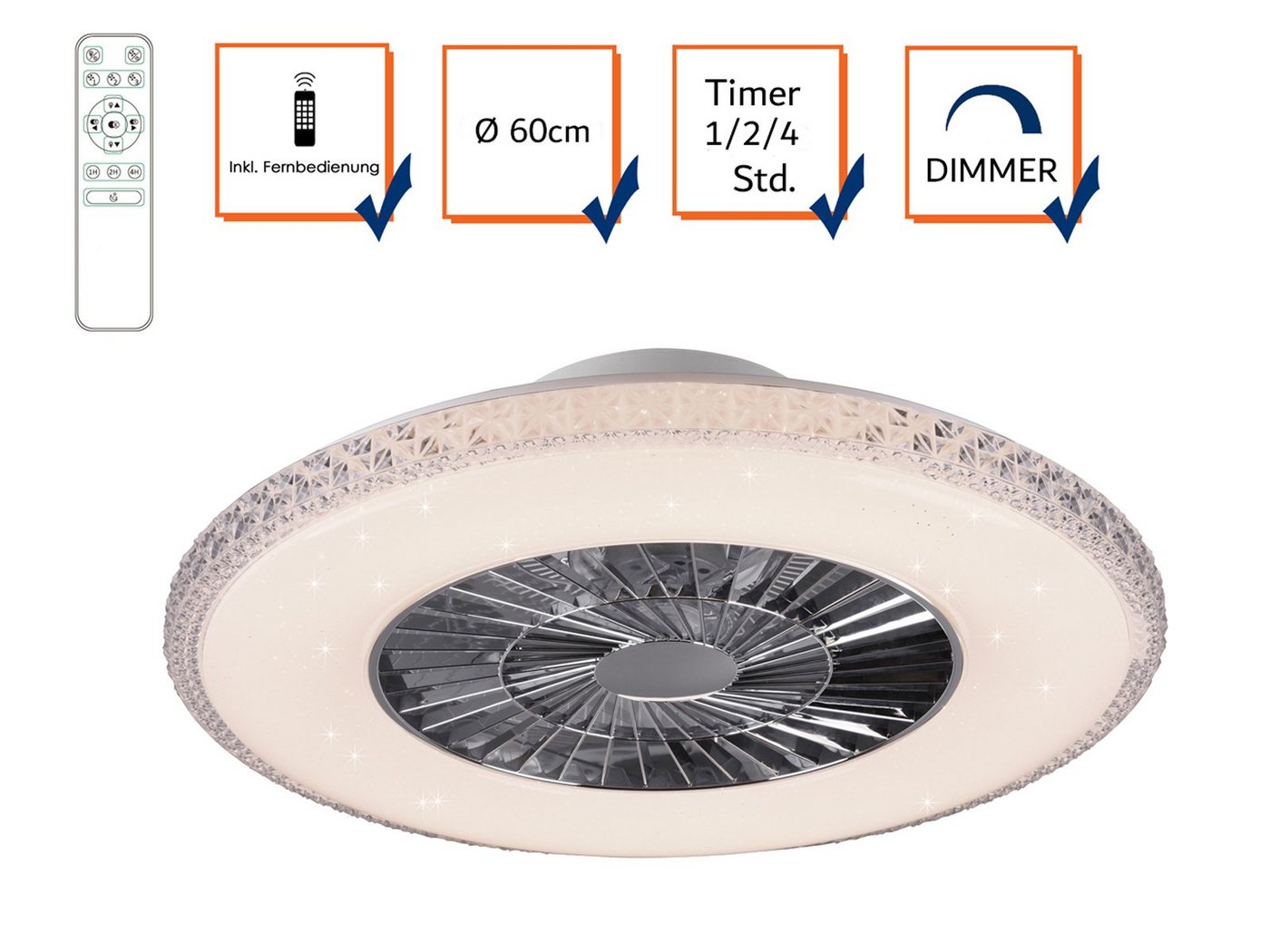 Reality Leuchten LED Deckenleuchte, Dimmfunktion, Nachtlichtfunktion, LED fest integriert, Lichtfarbe einstellbar, Decken-ventilator-en mit Licht, Deckenlüfter Sternenhimmel, Ø60cm Bild 5