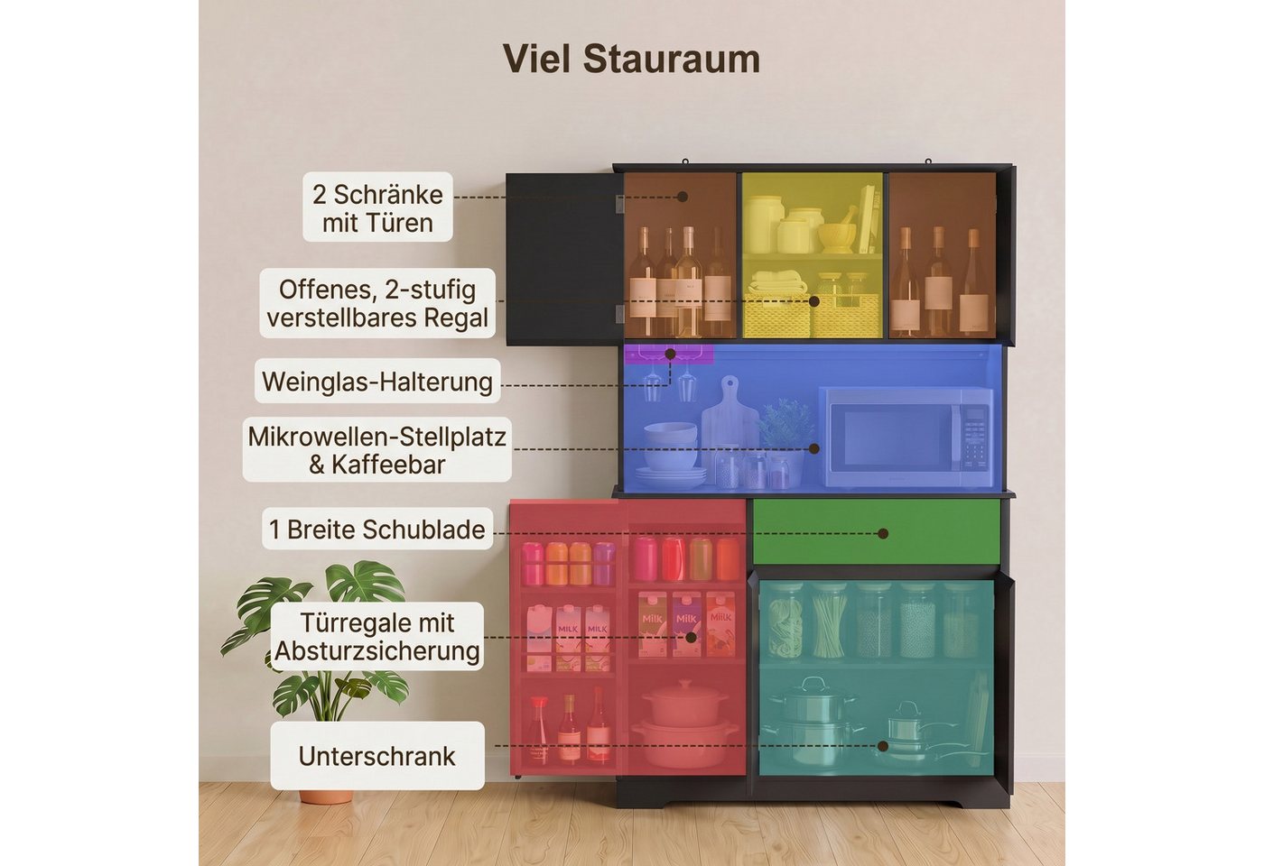 Bealife Küchenbuffet Küchenschrank mit Arbeitsplatte mit 1 Schublade und 5 Türen (Mit LED-Licht (farblich einstellbar) & Steckdose)