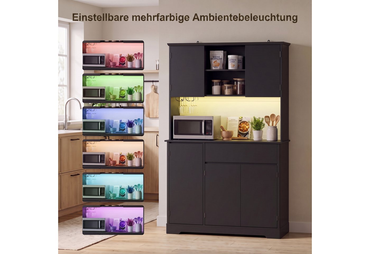 Bealife Küchenbuffet Küchenschrank mit Arbeitsplatte mit 1 Schublade und 5 Türen (Mit LED-Licht (farblich einstellbar) & Steckdose) Bild 2