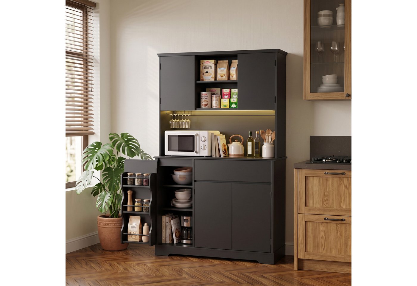 Bealife Küchenbuffet Küchenschrank mit Arbeitsplatte mit 1 Schublade und 5 Türen (Mit LED-Licht (farblich einstellbar) & Steckdose) Bild 3