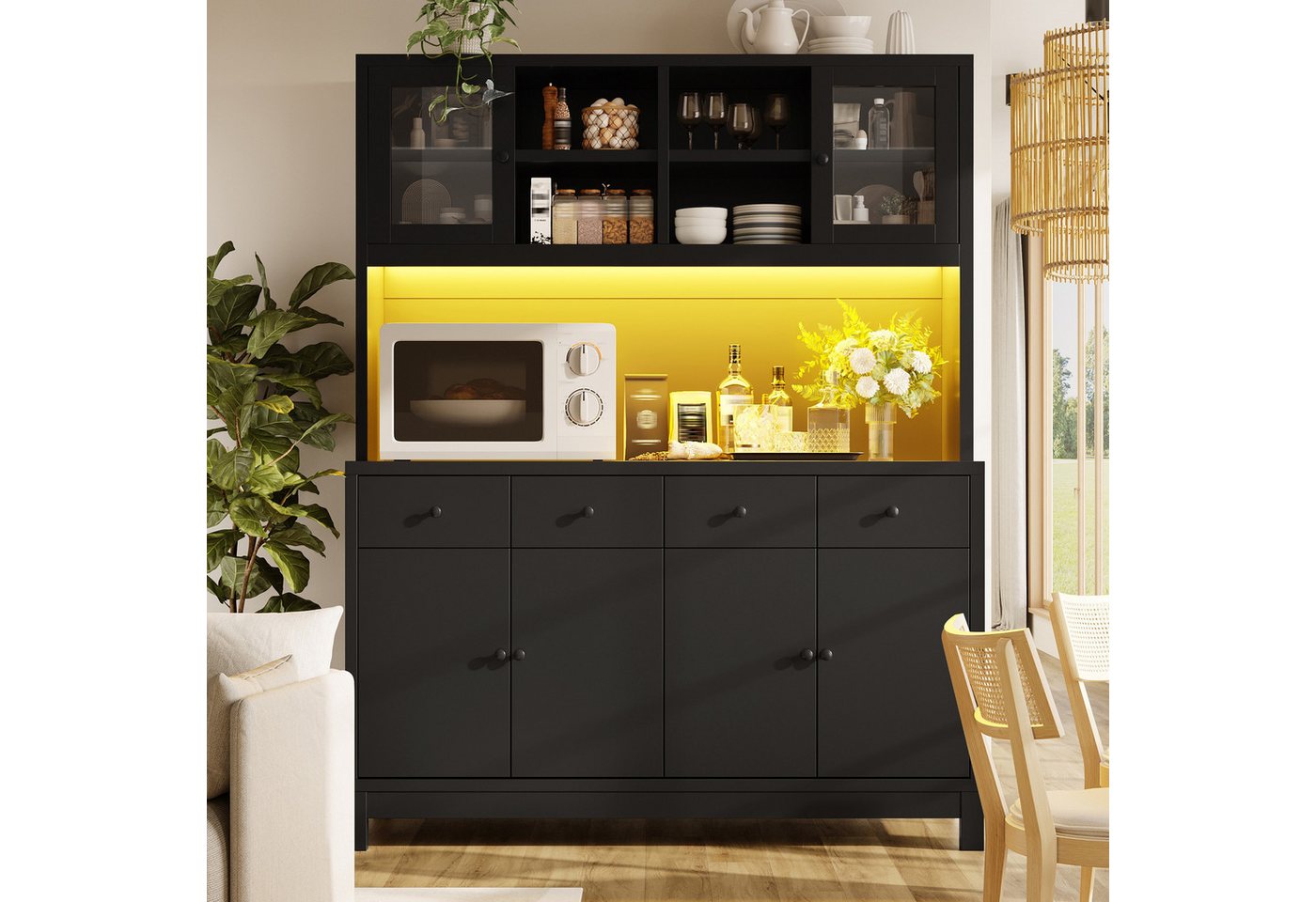 Flieks Küchenbuffet Hochschrank mit App-gesteuerter RGB-LED, Glastüren, 4 Schubladen (mit schwarzer Arbeitsplatte, 1-St., 140x40x180 cm) Küchenschrank Mehrzweckschrank mit verstellbare Einlegeböden Schwarz