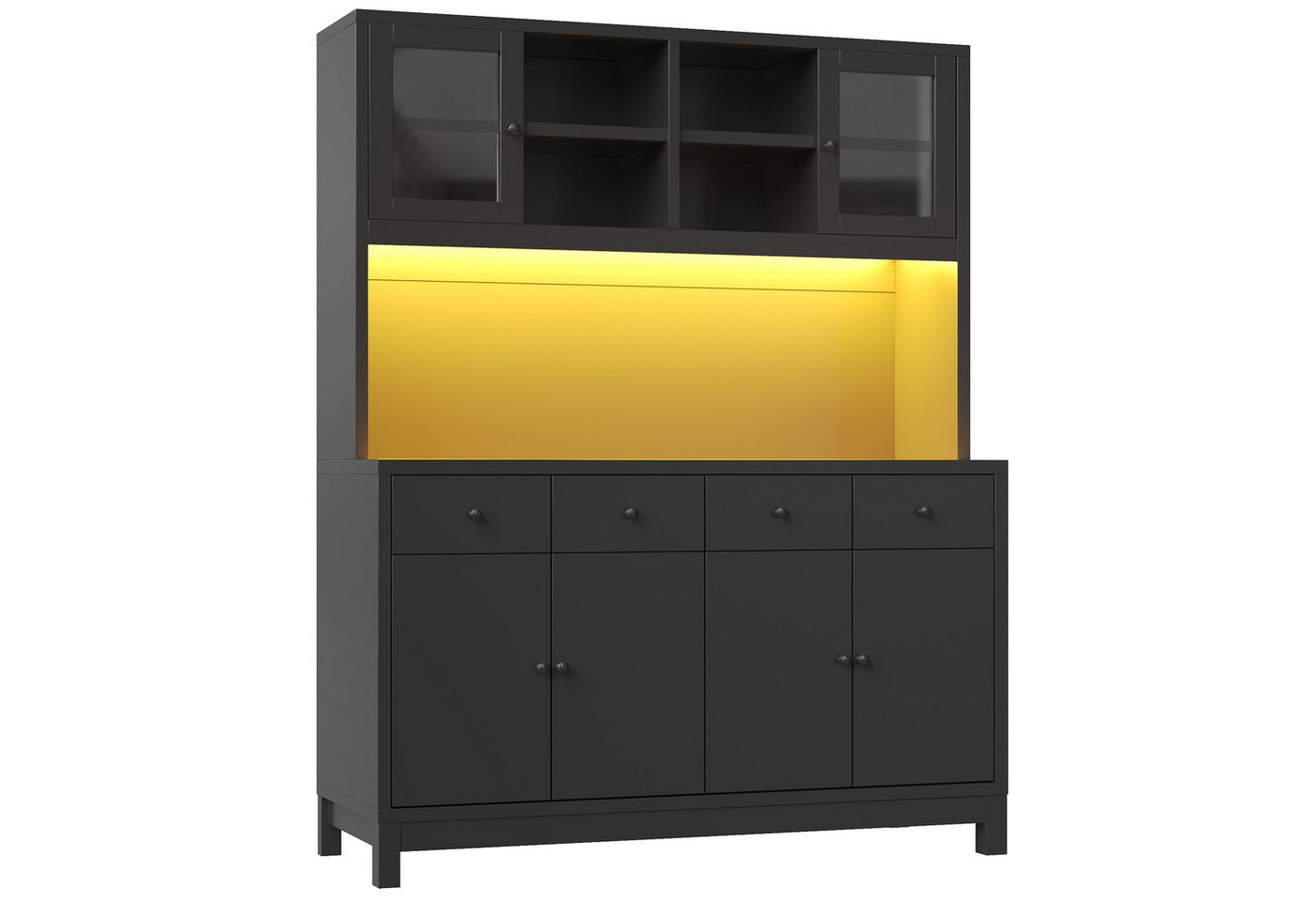 Flieks Küchenbuffet Hochschrank mit App-gesteuerter RGB-LED, Glastüren, 4 Schubladen (mit schwarzer Arbeitsplatte, 1-St., 140x40x180 cm) Küchenschrank Mehrzweckschrank mit verstellbare Einlegeböden Schwarz Bild 2