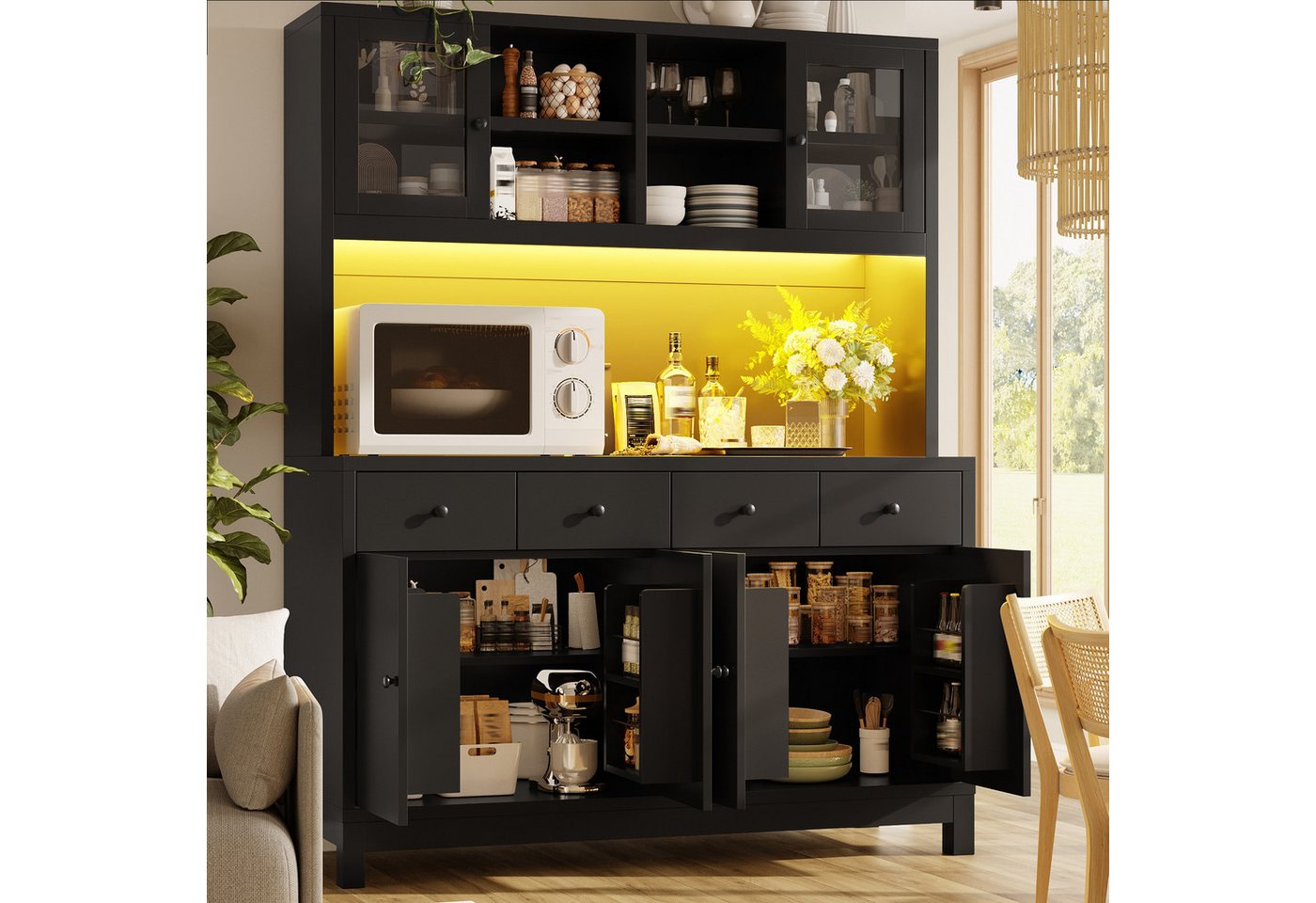 Flieks Küchenbuffet Hochschrank mit App-gesteuerter RGB-LED, Glastüren, 4 Schubladen (mit schwarzer Arbeitsplatte, 1-St., 140x40x180 cm) Küchenschrank Mehrzweckschrank mit verstellbare Einlegeböden Schwarz Bild 3