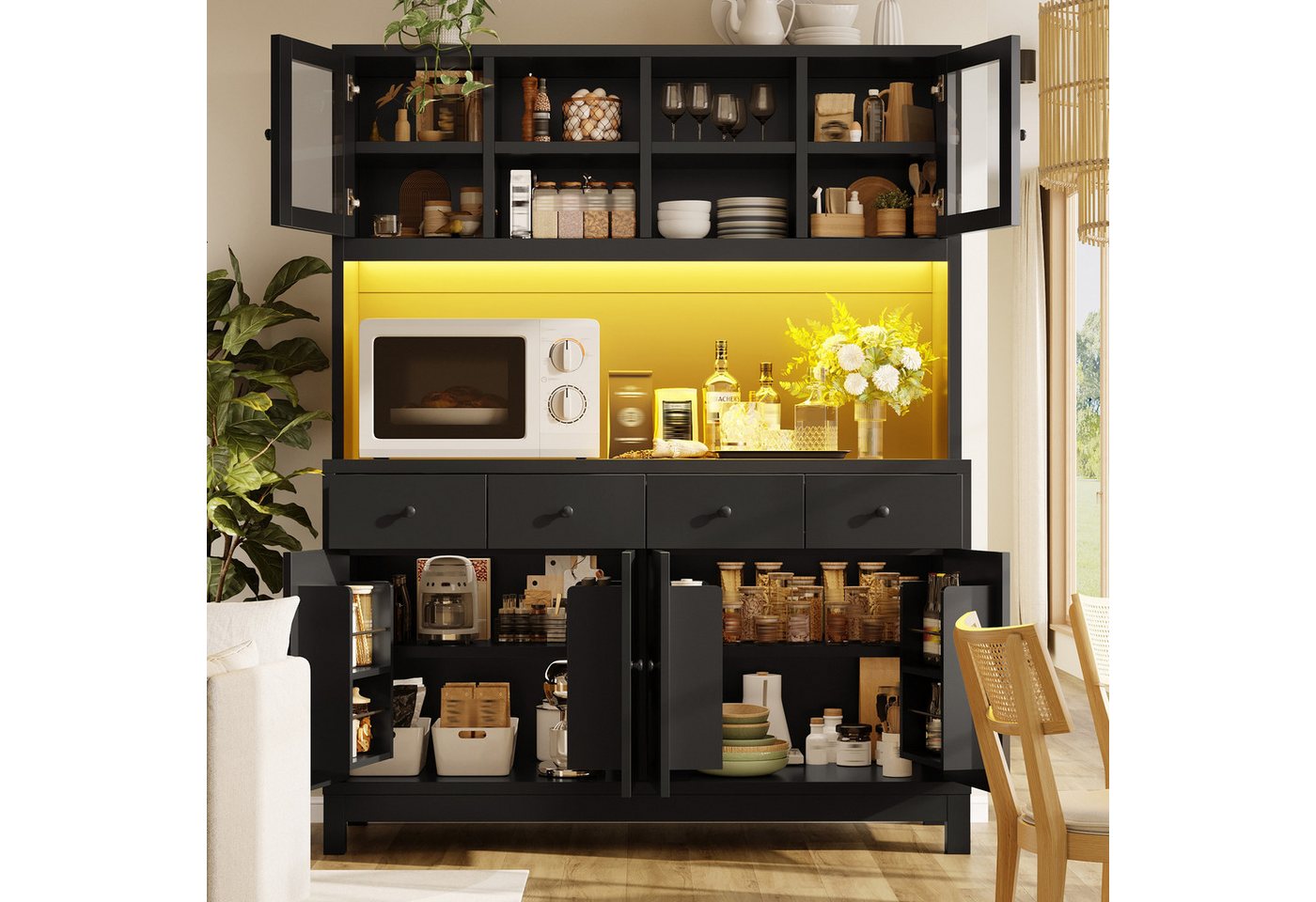 Flieks Küchenbuffet Hochschrank mit App-gesteuerter RGB-LED, Glastüren, 4 Schubladen (mit schwarzer Arbeitsplatte, 1-St., 140x40x180 cm) Küchenschrank Mehrzweckschrank mit verstellbare Einlegeböden Schwarz Bild 4