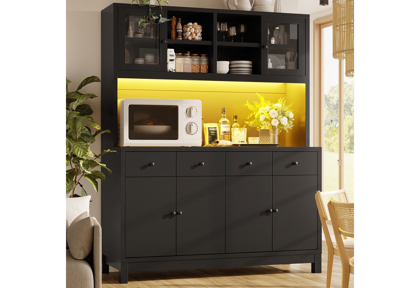 Flieks Küchenbuffet Hochschrank mit App-gesteuerter RGB-LED, Glastüren, 4 Schubladen (mit schwarzer Arbeitsplatte, 1-St., 140x40x180 cm) Küchenschrank Mehrzweckschrank mit verstellbare Einlegeböden Schwarz Bild 5
