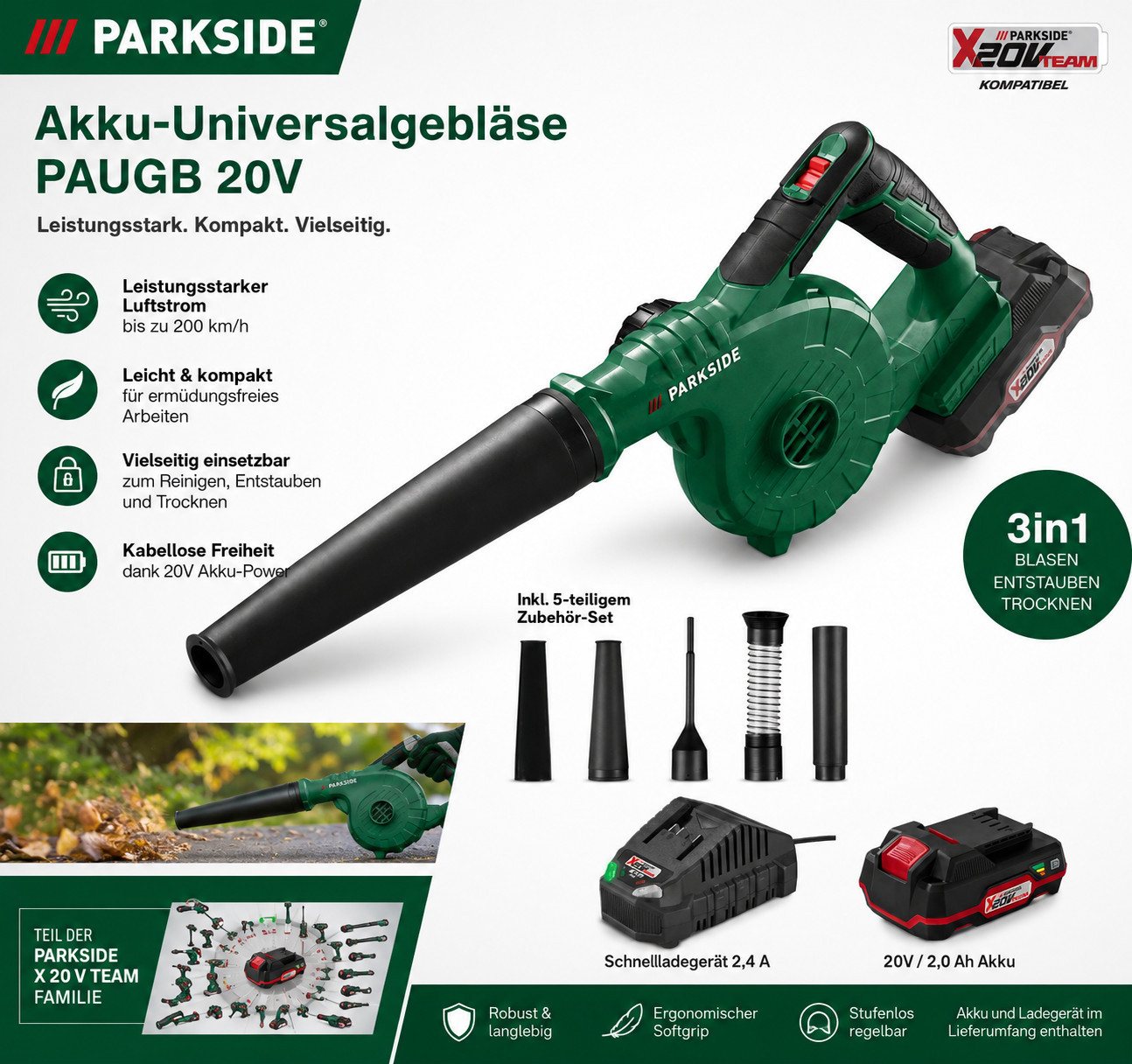 Parkside Akku-Laubbläser 20 VAkku-Universalgebläser PAUGB, Laubbläser mit Akku 2 Ah /Ladegerät Bild 2