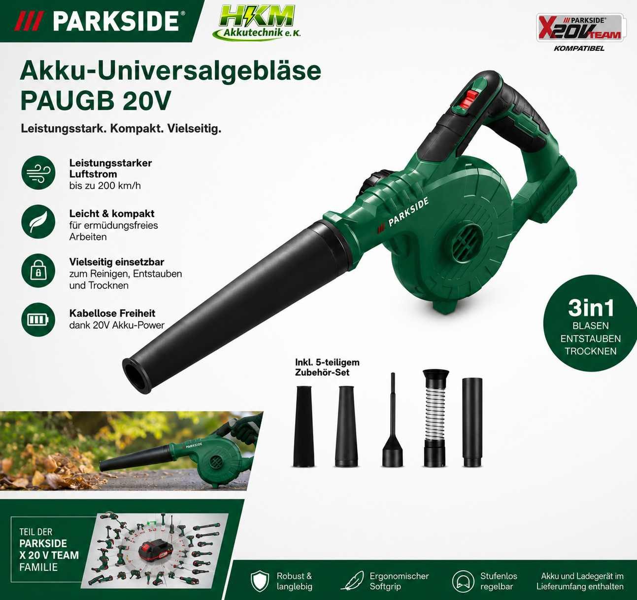 Parkside Akku-Laubbläser 20 VAkku-Universalgebläser PAUGB, Laubbläser mit Akku 2 Ah /Ladegerät Bild 5