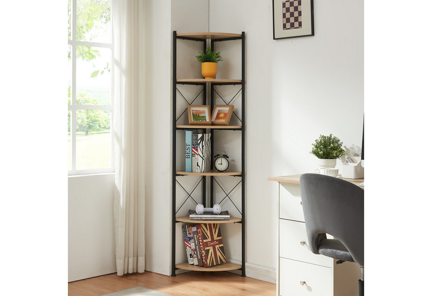 en.casa Standregal, »Ulfborg« Blumenregal mit 6 Ablagen Holzfarben/Schwarz 160x30x30cm Bild 5