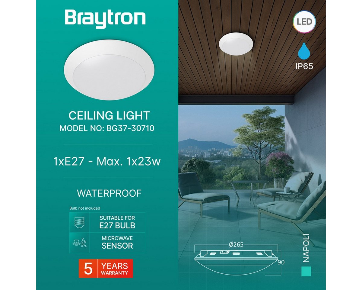 Braytron LED Deckenleuchte Außen Deckenlicht IP65 Ø265mm – E27 Fassung Bewegungsmelder, ohne Leuchtmittel, IP65 wasserdicht, Für den Außenbereich geeignet