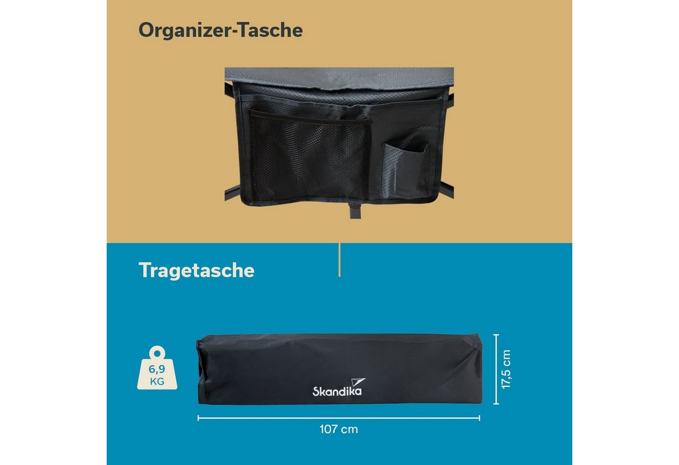 Skandika Campingliege Erola, Bequemes Klappbett, große Liegefläche, faltbar, Campingbett (Quick-Up Funktion, Rahmen mit Verstärkten Verbindungen) Feldbett, stabile Konstruktion, bis 150kg, Seitentasche, Tragetasche