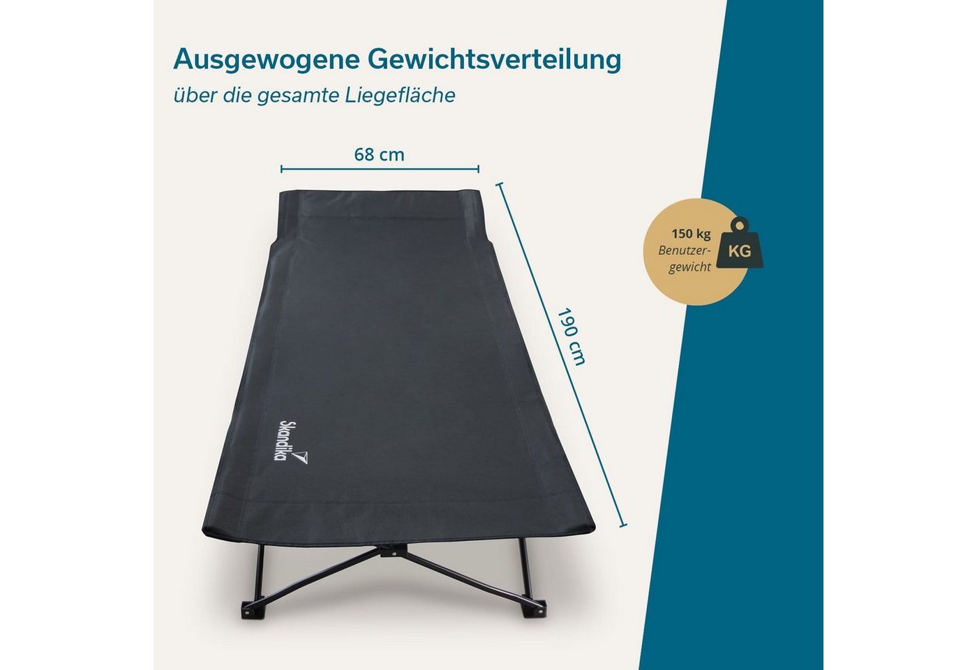 Skandika Campingliege Erola, Bequemes Klappbett, große Liegefläche, faltbar, Campingbett (Quick-Up Funktion, Rahmen mit Verstärkten Verbindungen) Feldbett, stabile Konstruktion, bis 150kg, Seitentasche, Tragetasche Bild 2