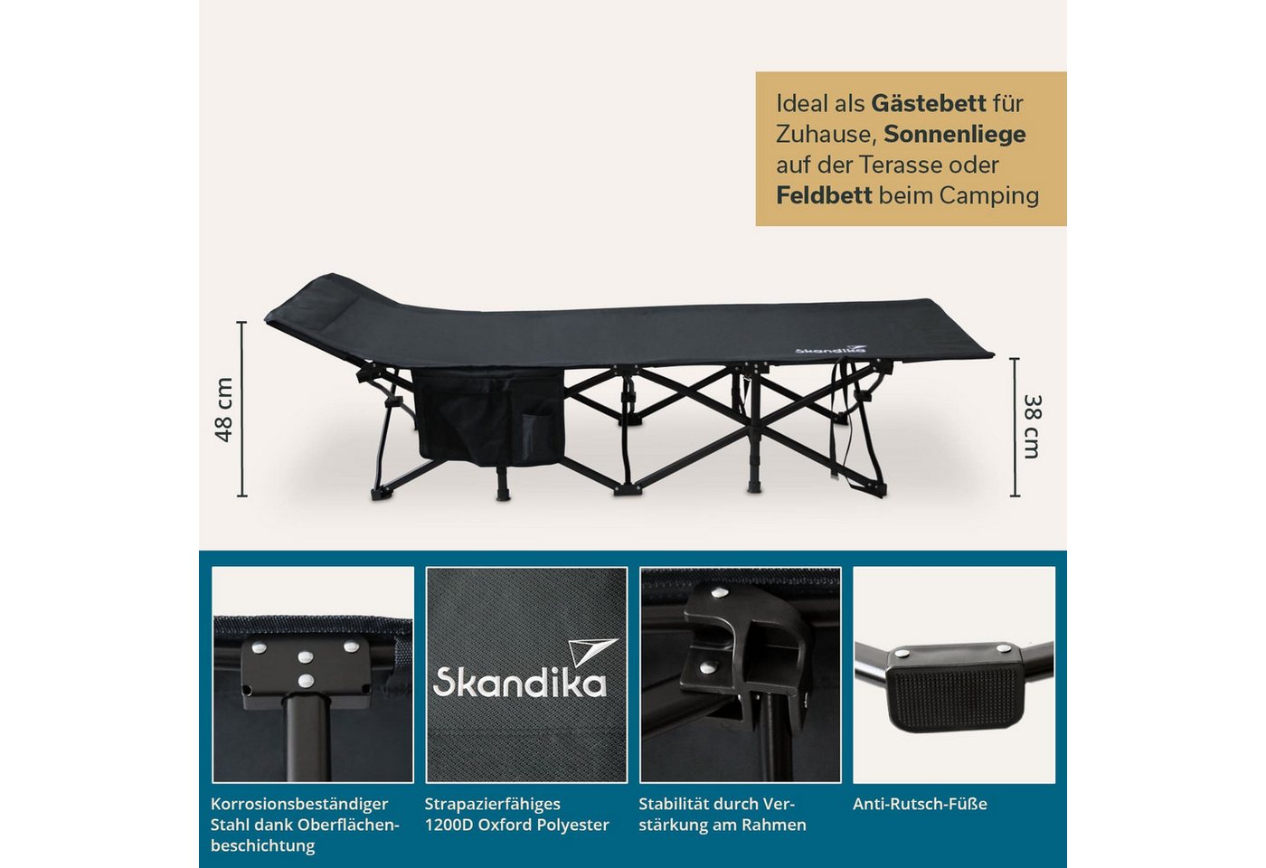Skandika Campingliege Erola, Bequemes Klappbett, große Liegefläche, faltbar, Campingbett (Quick-Up Funktion, Rahmen mit Verstärkten Verbindungen) Feldbett, stabile Konstruktion, bis 150kg, Seitentasche, Tragetasche Bild 3