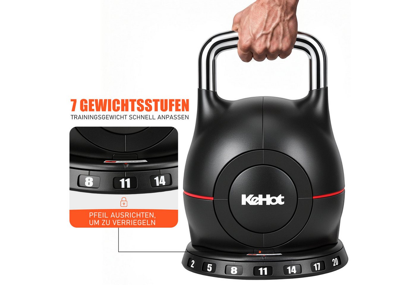 kehot Kettlebell Verstellbare Kettlebell Kugelhantel für Zuhause, (2–20 kg mit 7 Gewichtsstufen, Schnellverstellung mit stabilem Griff), Für Kraftaufbau, Core und Functional Training