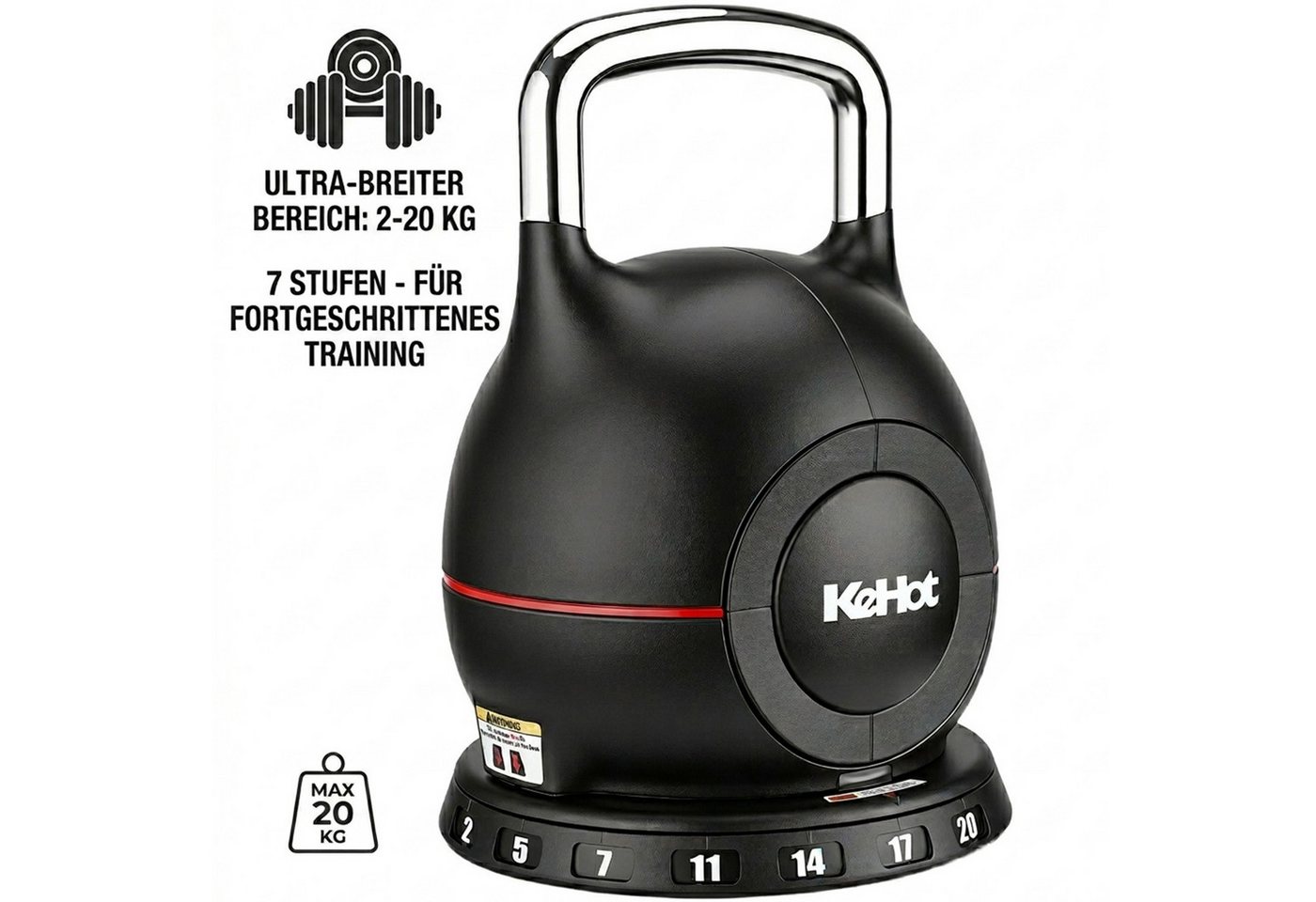 kehot Kettlebell 7-in-1 Kettlebell Verstellbar für Ganzkörper-Workout Zuhause, 20 kg, (Kettlebell Set 2-20 kg, mit 7 Gewichtsstufen, Schnellverstellung, Kugelhantel mit Edelstahl-Handgriff für perfektes Schwungerlebnis), Kompakte Fitness Kugelhantel mit Ablage, Core Bild 3