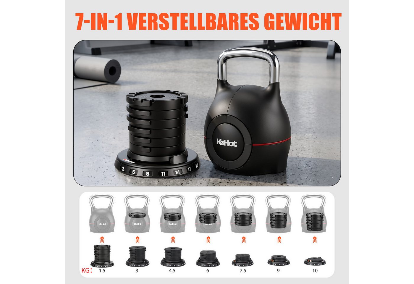 kehot Kettlebell 7-in-1 Kettlebell Verstellbar für Ganzkörper-Workout Zuhause, 20 kg, (Kettlebell Set 2-20 kg, mit 7 Gewichtsstufen, Schnellverstellung, Kugelhantel mit Edelstahl-Handgriff für perfektes Schwungerlebnis), Kompakte Fitness Kugelhantel mit Ablage, Core Bild 4
