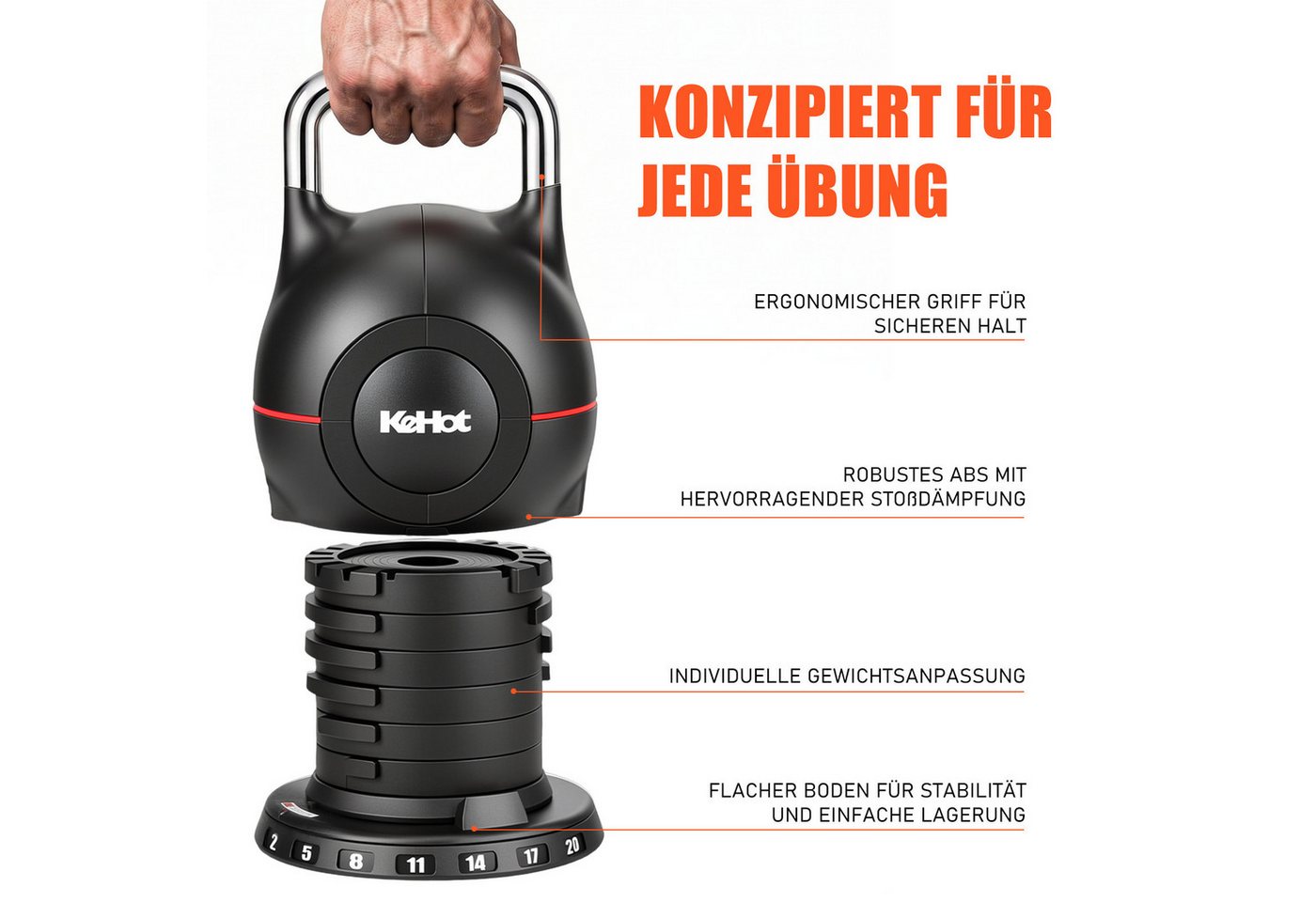 kehot Kettlebell 7-in-1 Kettlebell Verstellbar für Ganzkörper-Workout Zuhause, 20 kg, (Kettlebell Set 2-20 kg, mit 7 Gewichtsstufen, Schnellverstellung, Kugelhantel mit Edelstahl-Handgriff für perfektes Schwungerlebnis), Kompakte Fitness Kugelhantel mit Ablage, Core Bild 5