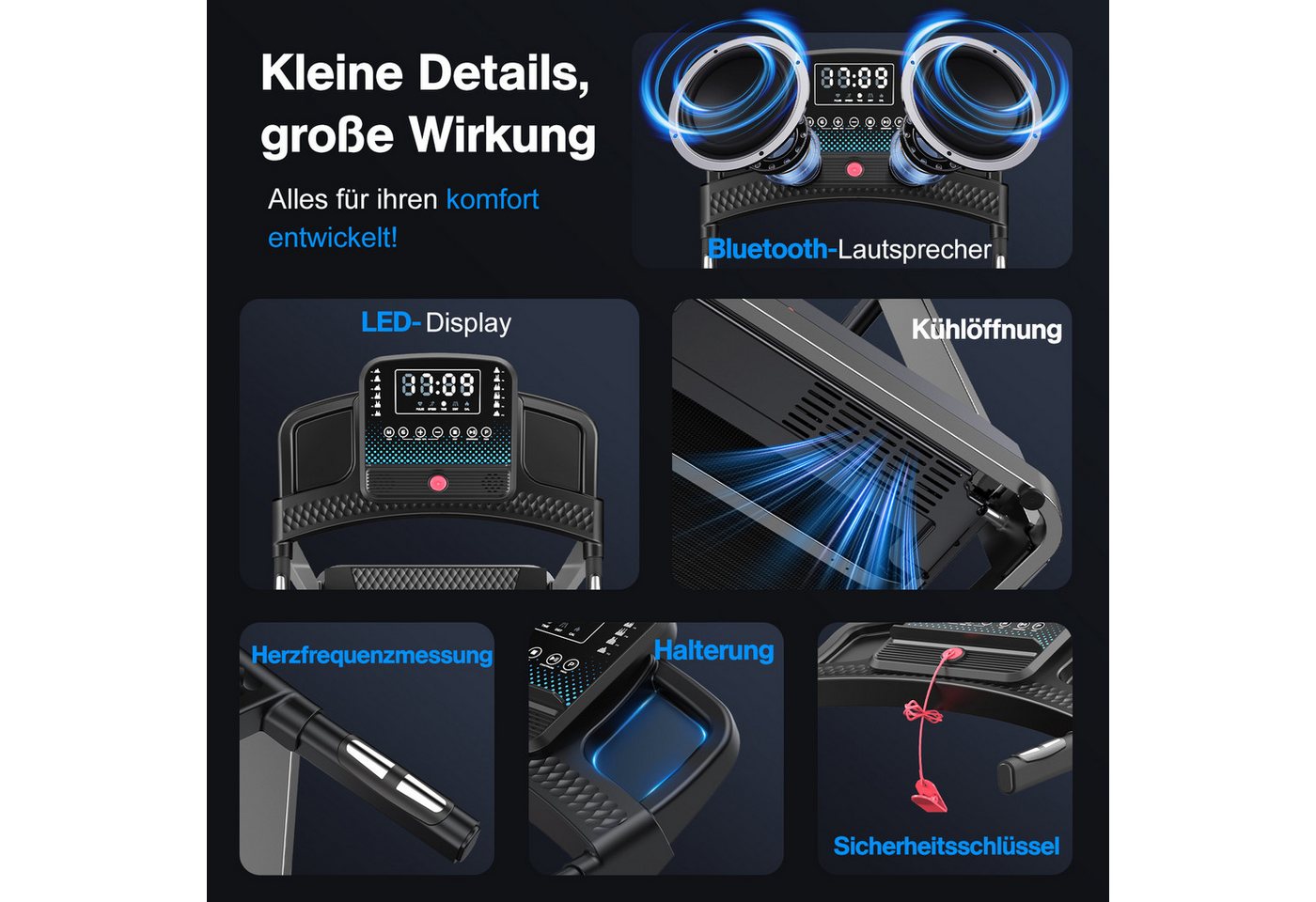 Cardirun Laufband für Zuhause, 3,5 PS, 180KG, 1–12 km/h, Herzfrequenz (1-tlg), LED & Bluetooth APP