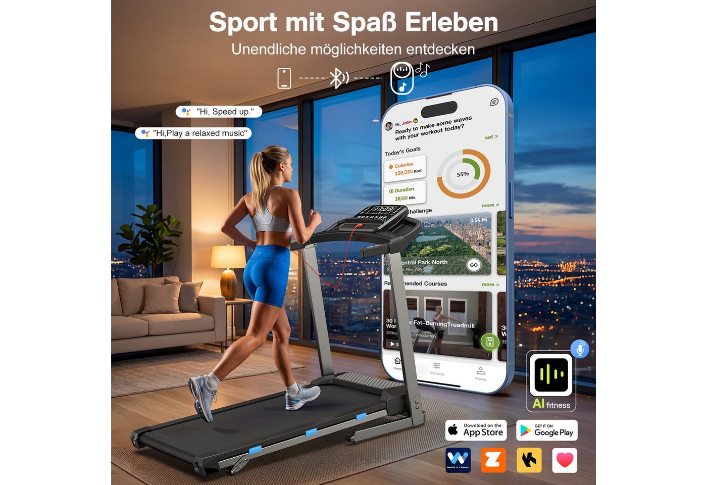 Cardirun Laufband für Zuhause, 3,5 PS, 180KG, 1–12 km/h, Herzfrequenz (1-tlg), LED & Bluetooth APP Bild 3