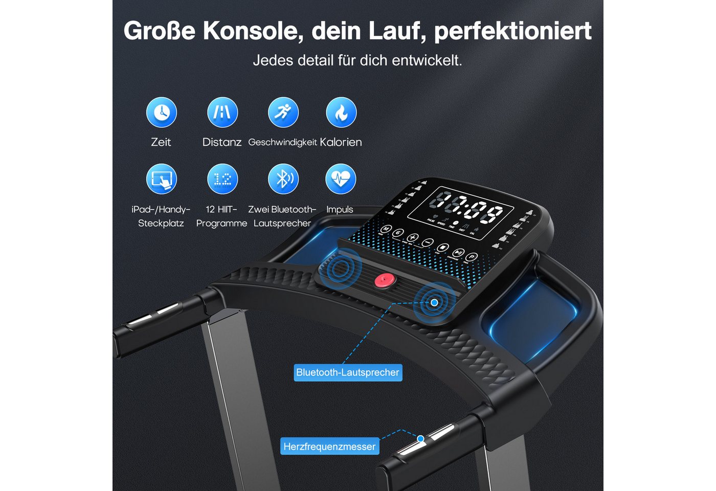 Cardirun Laufband für Zuhause, 3,5 PS, 180KG, 1–12 km/h, Herzfrequenz (1-tlg), LED & Bluetooth APP Bild 5