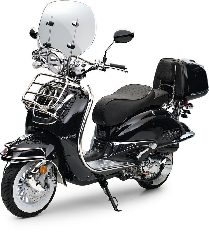 Burnout Motorroller EasyCruiser Chrom Schwarz, 50 ccm, 25 km/h, Euro 5, LED Beleuchtung, Digitales Tacho, Retro, mit Windschild & Topcase, USB