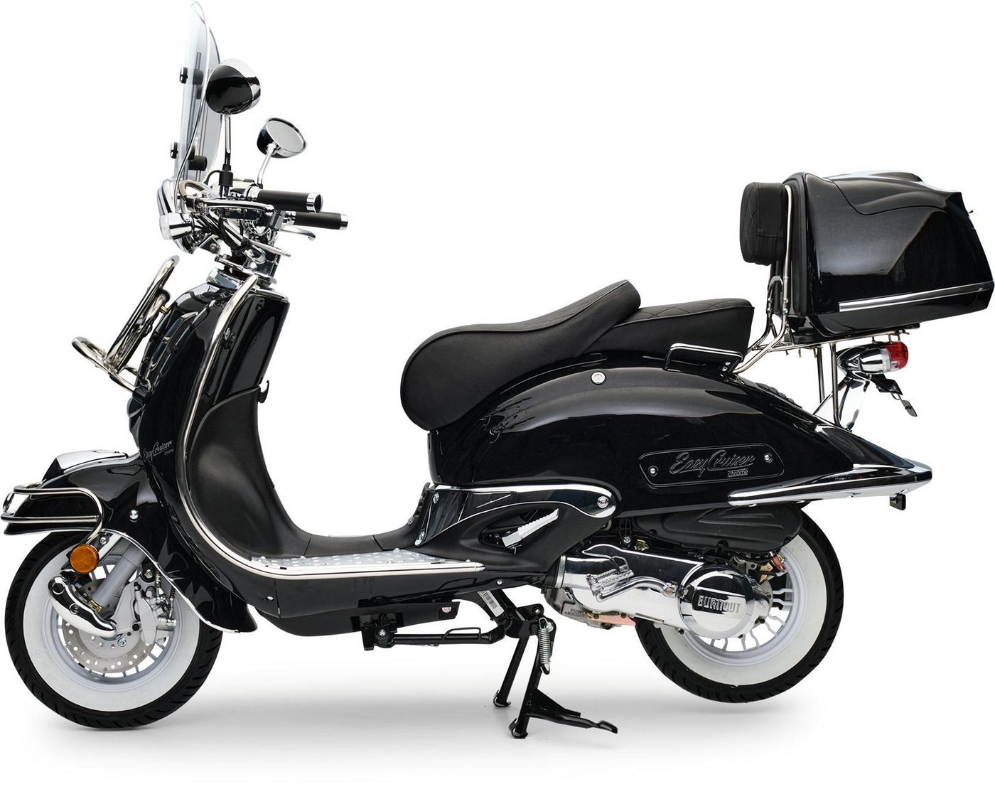 Burnout Motorroller EasyCruiser Chrom Schwarz, 50 ccm, 25 km/h, Euro 5, LED Beleuchtung, Digitales Tacho, Retro, mit Windschild & Topcase, USB Bild 2