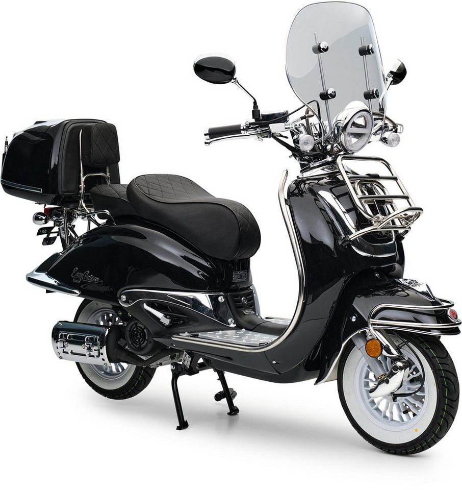 Burnout Motorroller EasyCruiser Chrom Schwarz, 50 ccm, 25 km/h, Euro 5, LED Beleuchtung, Digitales Tacho, Retro, mit Windschild & Topcase, USB Bild 3
