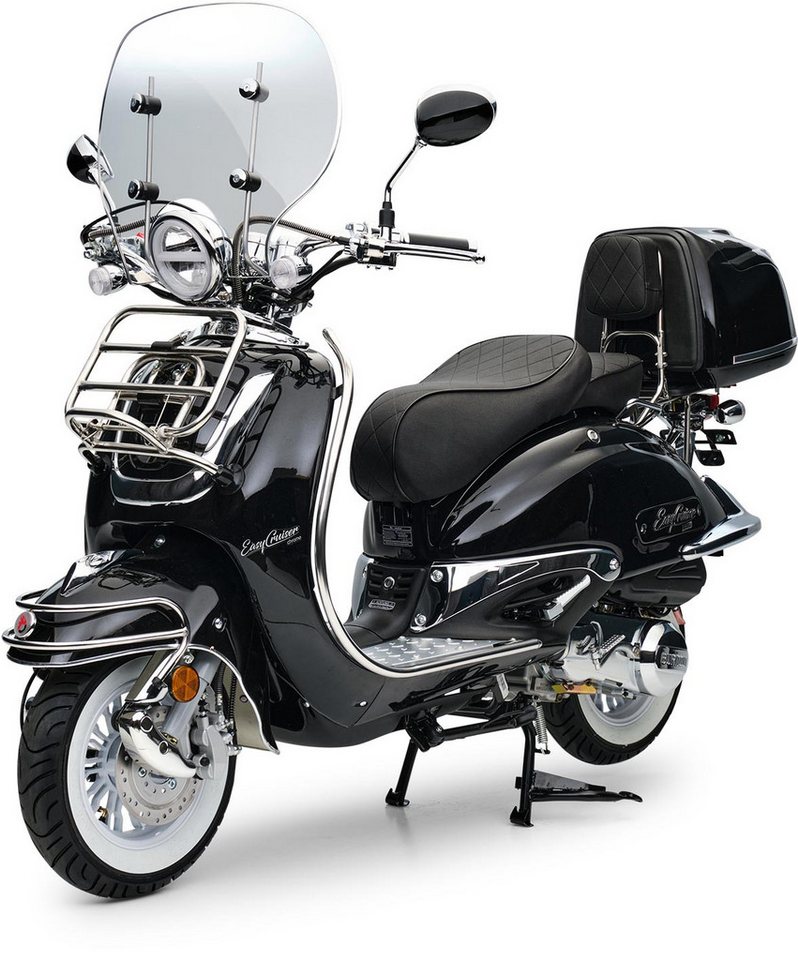 Burnout Motorroller EasyCruiser Chrom Schwarz, 50 ccm, 25 km/h, Euro 5, LED Beleuchtung, Digitales Tacho, Retro, mit Windschild & Topcase, USB Bild 4