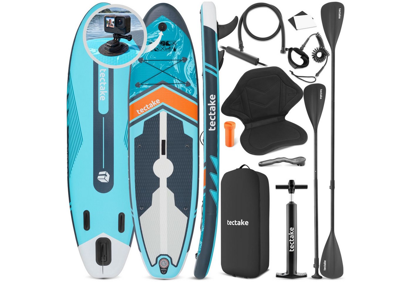 tectake SUP-Board Aufblasbares Paddleboard mit Kamerahalterung, Kajak-Sitz, 200 kg, Stand-up Paddle, (Sup Board Set Palagios, in Türkis/orange), Rutschfestes Deck, inkl. verstellbarem Doppelpaddel und Rucksack