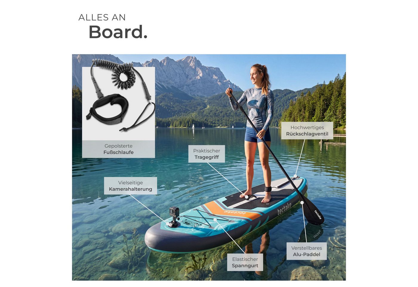 tectake SUP-Board Aufblasbares Paddleboard mit Kamerahalterung, Kajak-Sitz, 200 kg, Stand-up Paddle, (Sup Board Set Palagios, in Türkis/orange), Rutschfestes Deck, inkl. verstellbarem Doppelpaddel und Rucksack Bild 2
