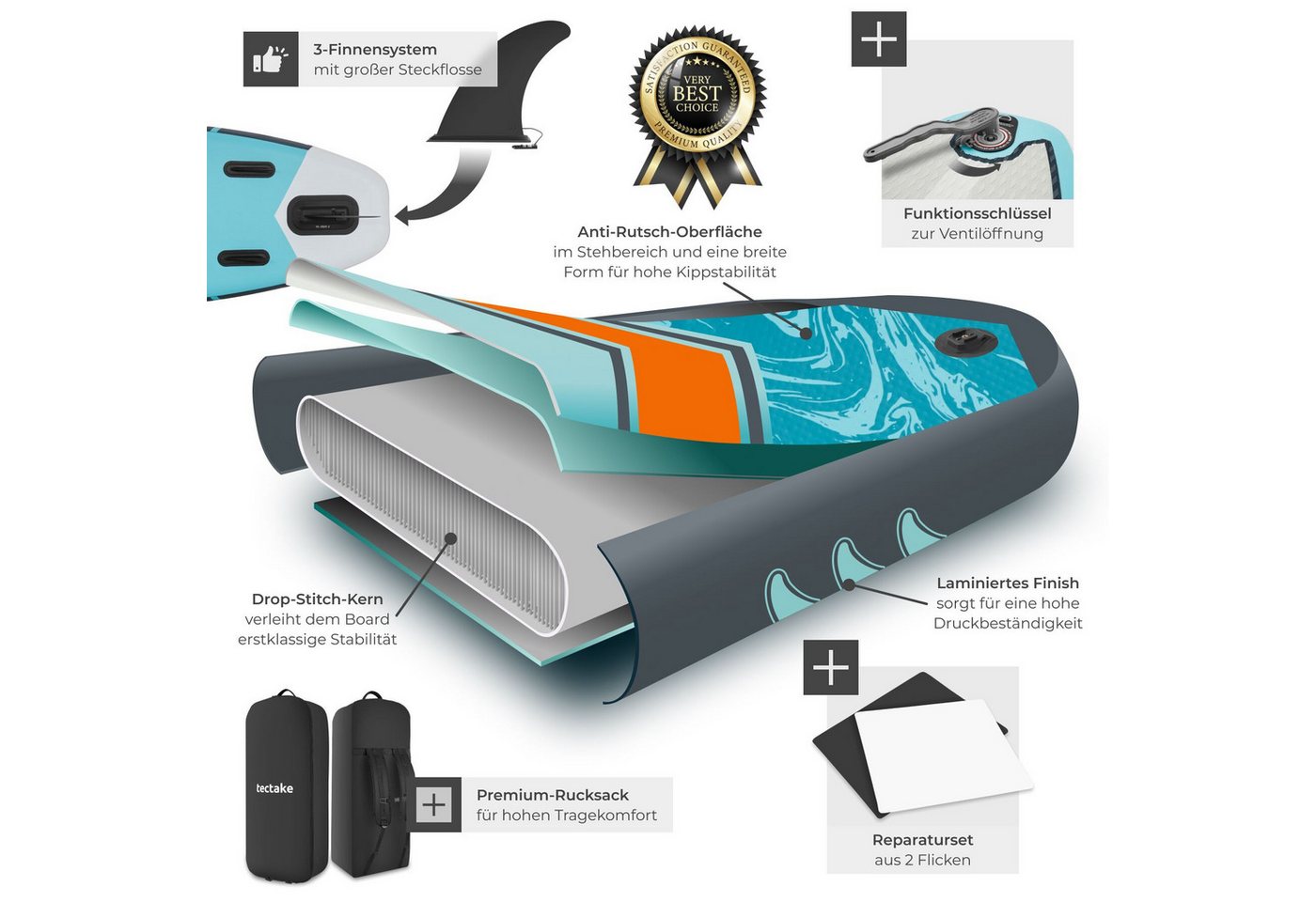 tectake SUP-Board Aufblasbares Paddleboard mit Kamerahalterung, Kajak-Sitz, 200 kg, Stand-up Paddle, (Sup Board Set Palagios, in Türkis/orange), Rutschfestes Deck, inkl. verstellbarem Doppelpaddel und Rucksack Bild 3