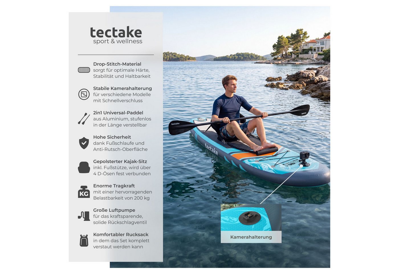 tectake SUP-Board Aufblasbares Paddleboard mit Kamerahalterung, Kajak-Sitz, 200 kg, Stand-up Paddle, (Sup Board Set Palagios, in Türkis/orange), Rutschfestes Deck, inkl. verstellbarem Doppelpaddel und Rucksack Bild 4