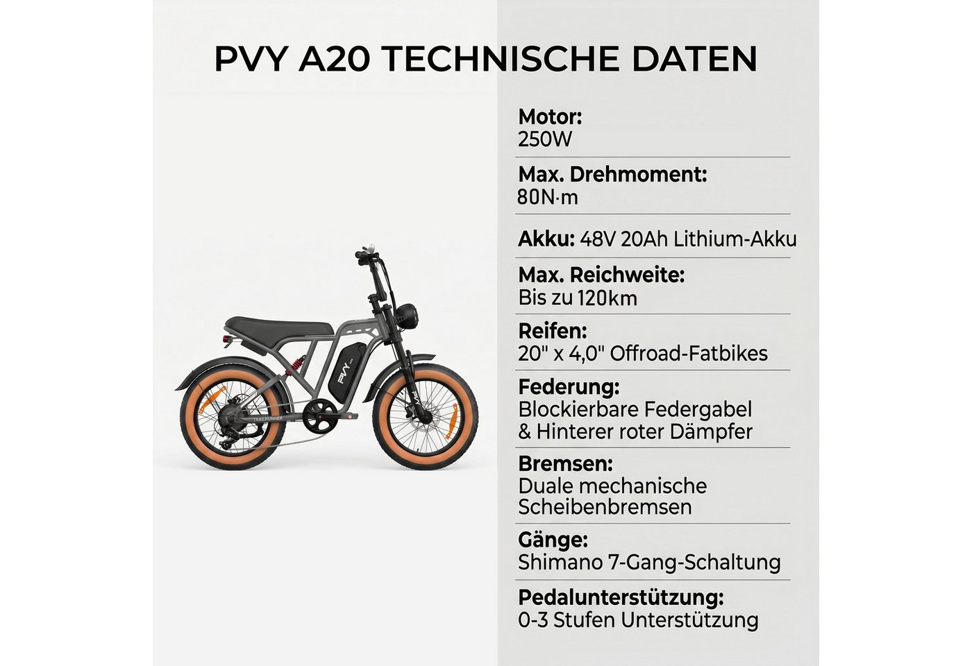 Vankel E-Bike Mountainbike Fat E-Bikes E-Fahrrad Damen u. Herren 960 WH Pedelec Max.120 km E-MBT, Kettenschaltung, Heckmotor, 960 Wh, (Beleuchtungsset mit Batterieladegerät, Batterieschlüssel, Werkzeug), 20×4.0 All-Terrain Elektrofahrrad mit Shimano 7-Gang Bild 4