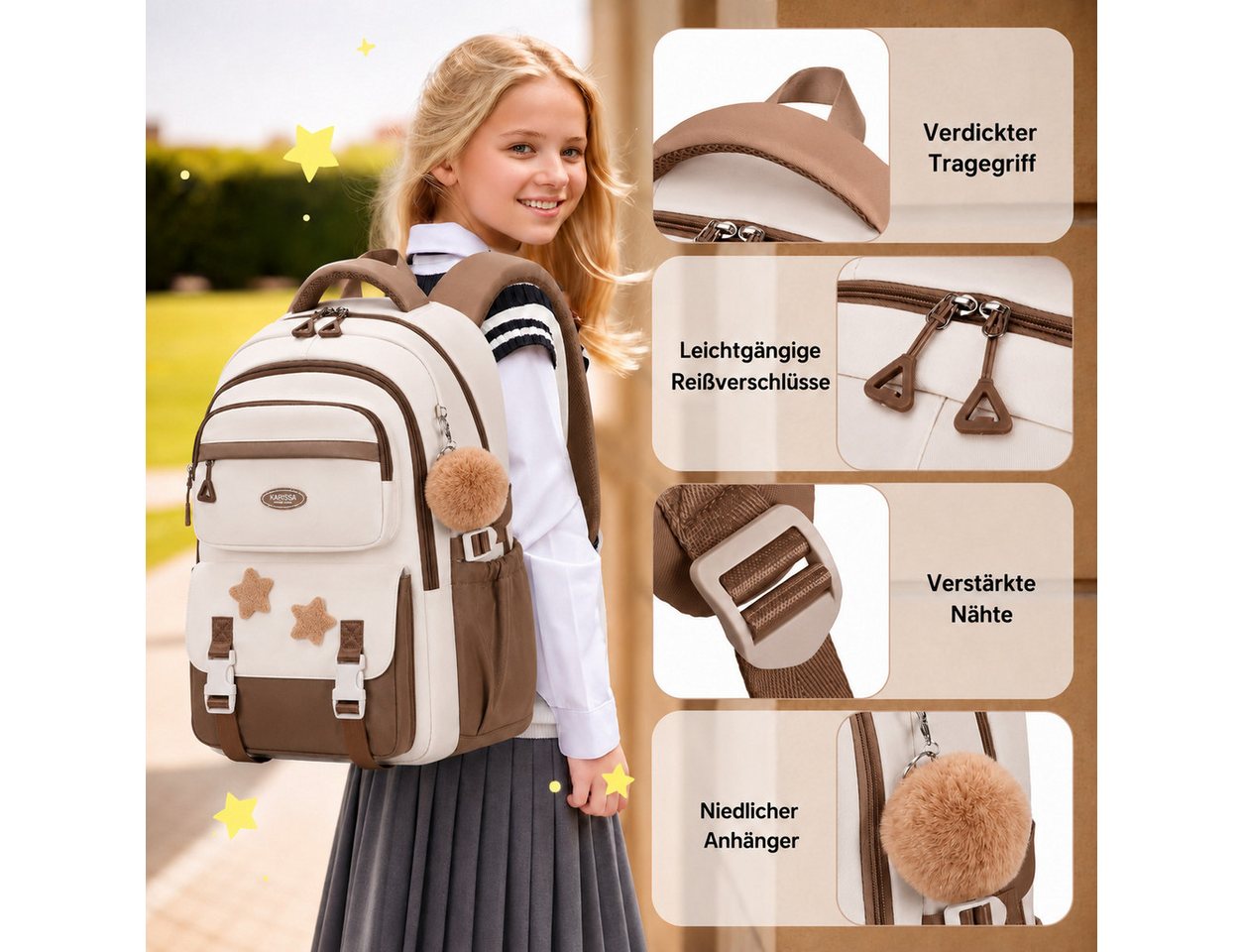 MOPUEA Schulrucksack Schulrucksack Mädchen, Großes Fassungsvermögen (Mit Trolleyband, Pom-Pom-Anhänger und Sternenabzeichen, Bequem, 2-tlg., Lässiger Rucksack für Teenager, Ideal für Schule, Schulstart), 2-teiliges Set mit Schulrucksack & Nachhilfebeutel