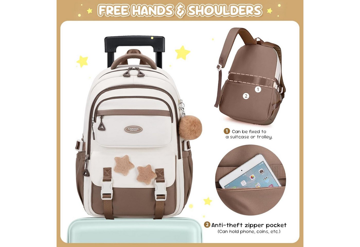 MOPUEA Schulrucksack Schulrucksack Mädchen, Großes Fassungsvermögen (Mit Trolleyband, Pom-Pom-Anhänger und Sternenabzeichen, Bequem, 2-tlg., Lässiger Rucksack für Teenager, Ideal für Schule, Schulstart), 2-teiliges Set mit Schulrucksack & Nachhilfebeutel Bild 2