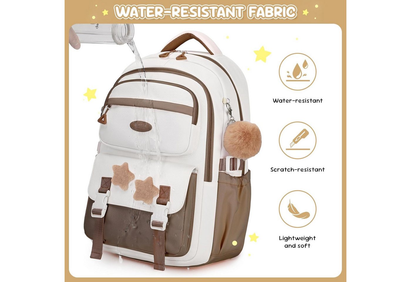 MOPUEA Schulrucksack Schulrucksack Mädchen, Großes Fassungsvermögen (Mit Trolleyband, Pom-Pom-Anhänger und Sternenabzeichen, Bequem, 2-tlg., Lässiger Rucksack für Teenager, Ideal für Schule, Schulstart), 2-teiliges Set mit Schulrucksack & Nachhilfebeutel Bild 3