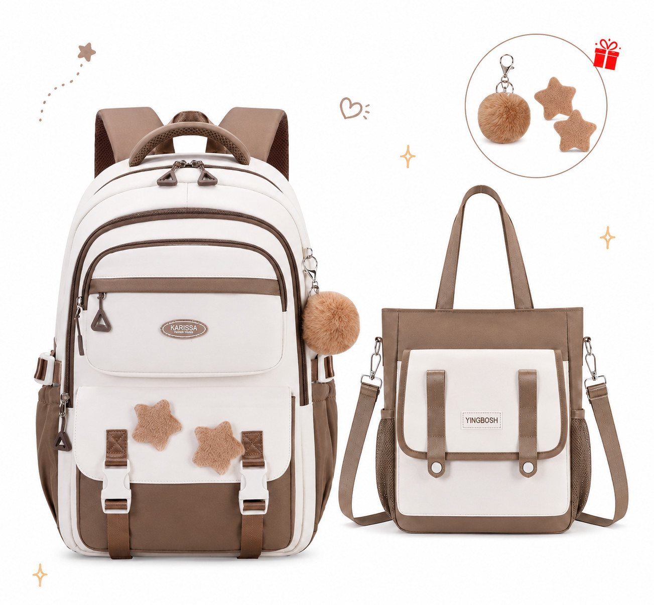 MOPUEA Schulrucksack Schulrucksack Mädchen, Großes Fassungsvermögen (Mit Trolleyband, Pom-Pom-Anhänger und Sternenabzeichen, Bequem, 2-tlg., Lässiger Rucksack für Teenager, Ideal für Schule, Schulstart), 2-teiliges Set mit Schulrucksack & Nachhilfebeutel Bild 5
