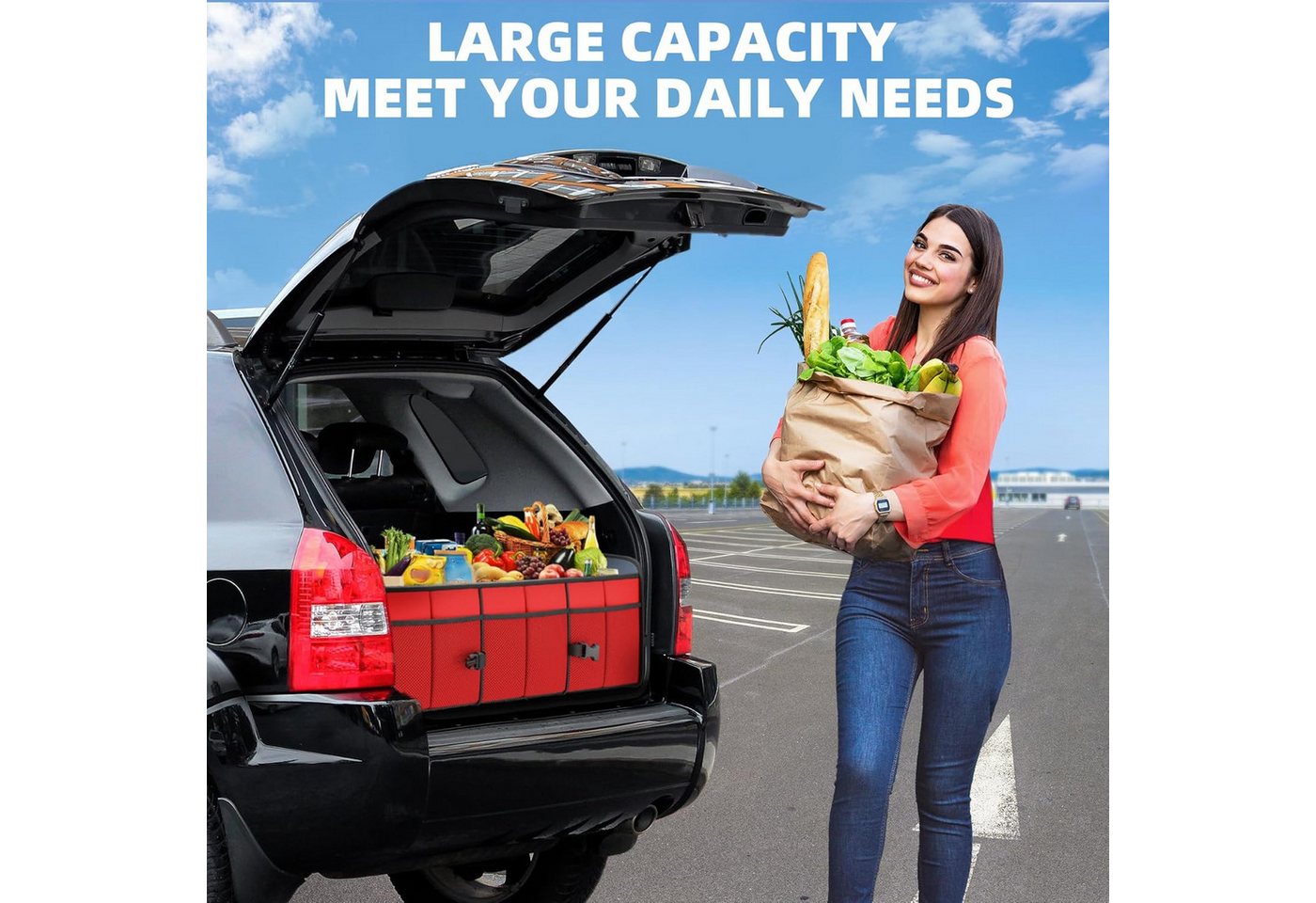 POPOLIC Klappbox Kofferraum Organizer, Faltbar Auto Organizer 3 großen Fächern, Kofferraumtasche rutschfest, verstärkt, stabil mit Deckel