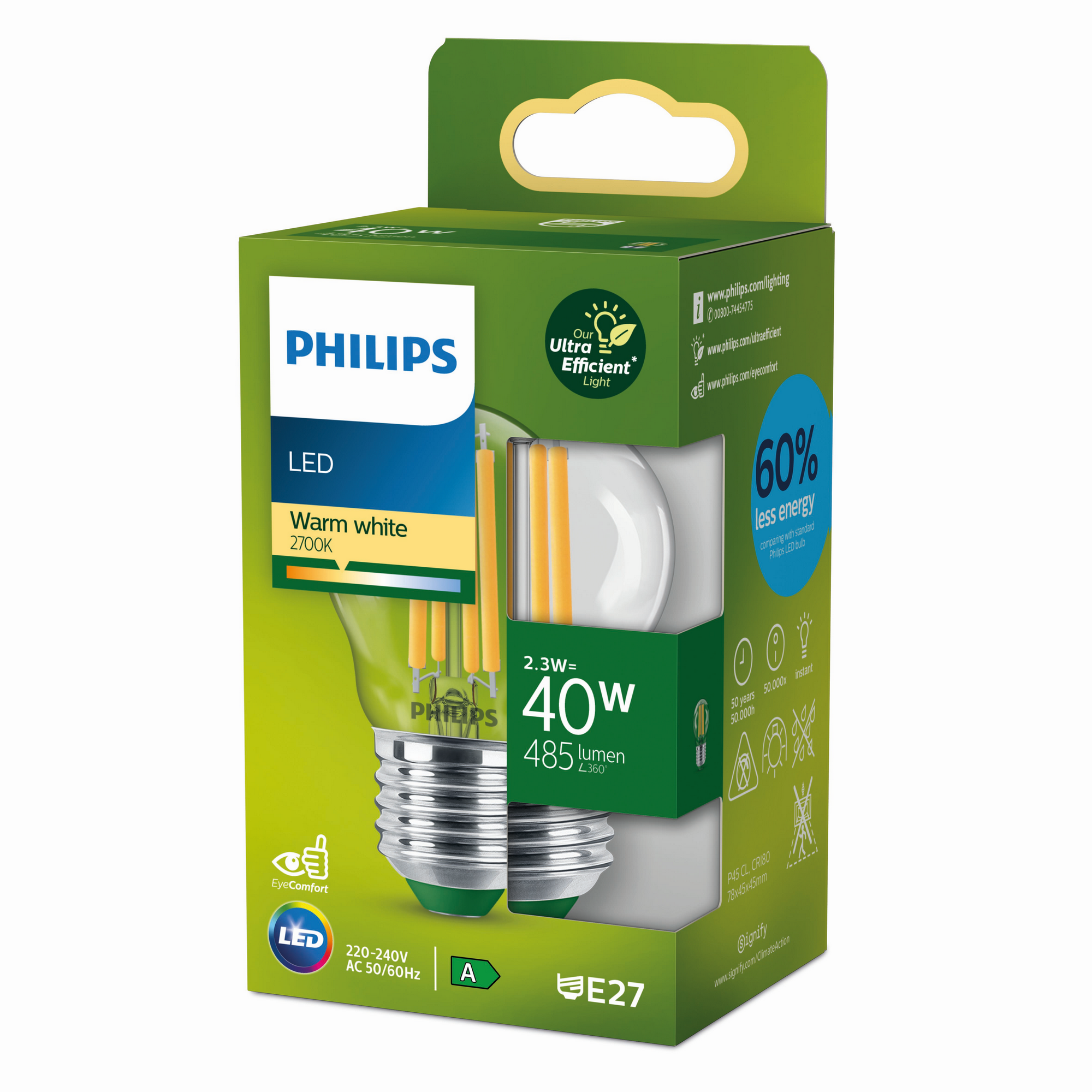 Philips LED-Leuchtmittel Filament Tropfenform P45 E27 2,3W warmweiß klar Bild 2